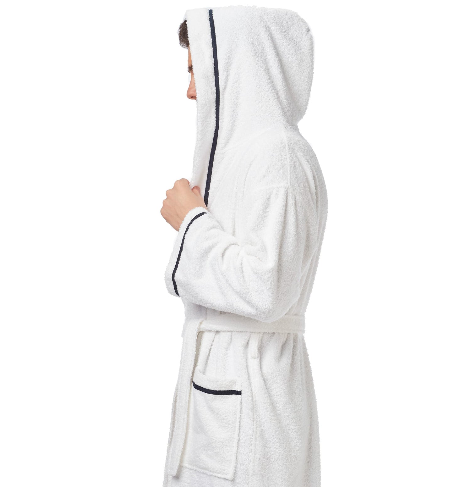 Arus Men's Hooded Classic Bathrobe Turkish Cotton Robe with Full Length Options, White With Navy Blue Border, Large-X-Large