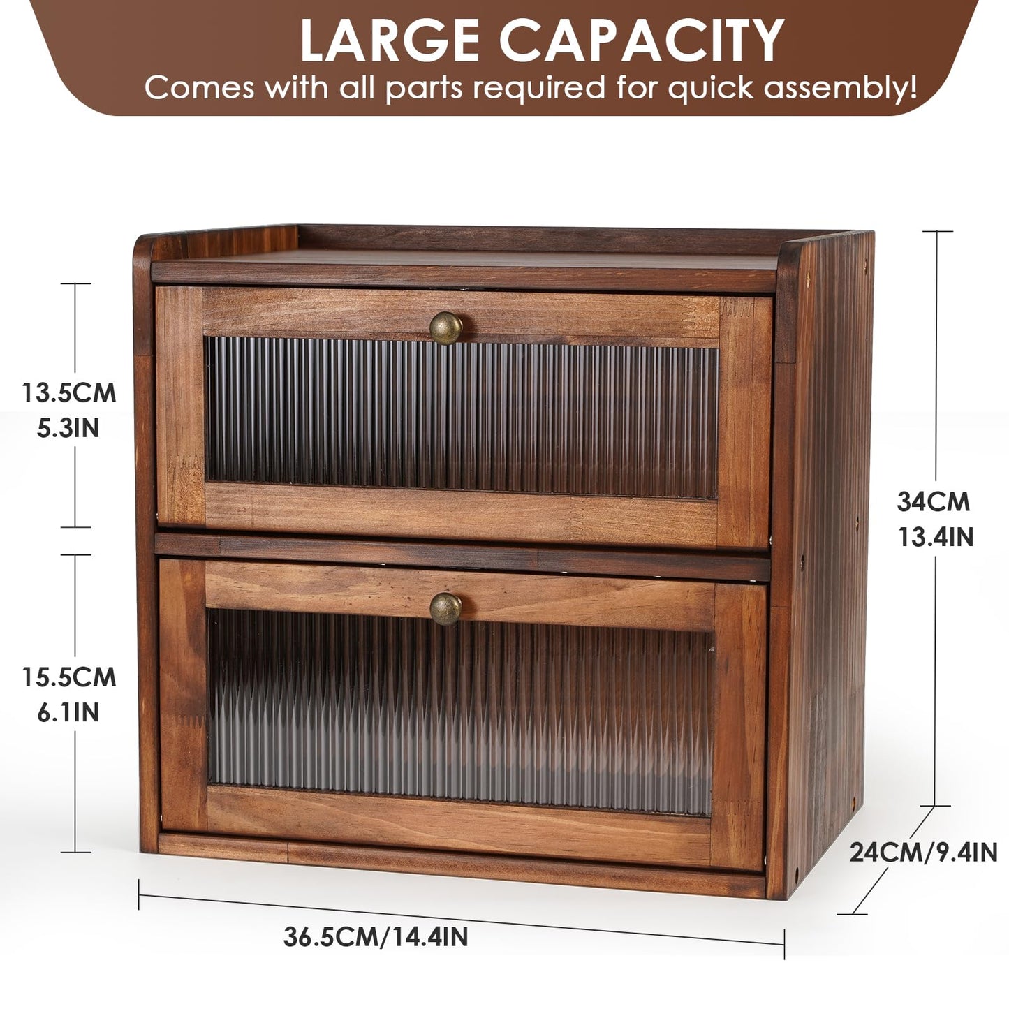Sunhoo Bread Box for Countertop Bread Storage Bin Container Double Layer Extra Large Kitchen Counter Wood Breadbox Saver Keeper Vintage with Acrylic Window Easy to Assemble Boîte à Pain (Brown)