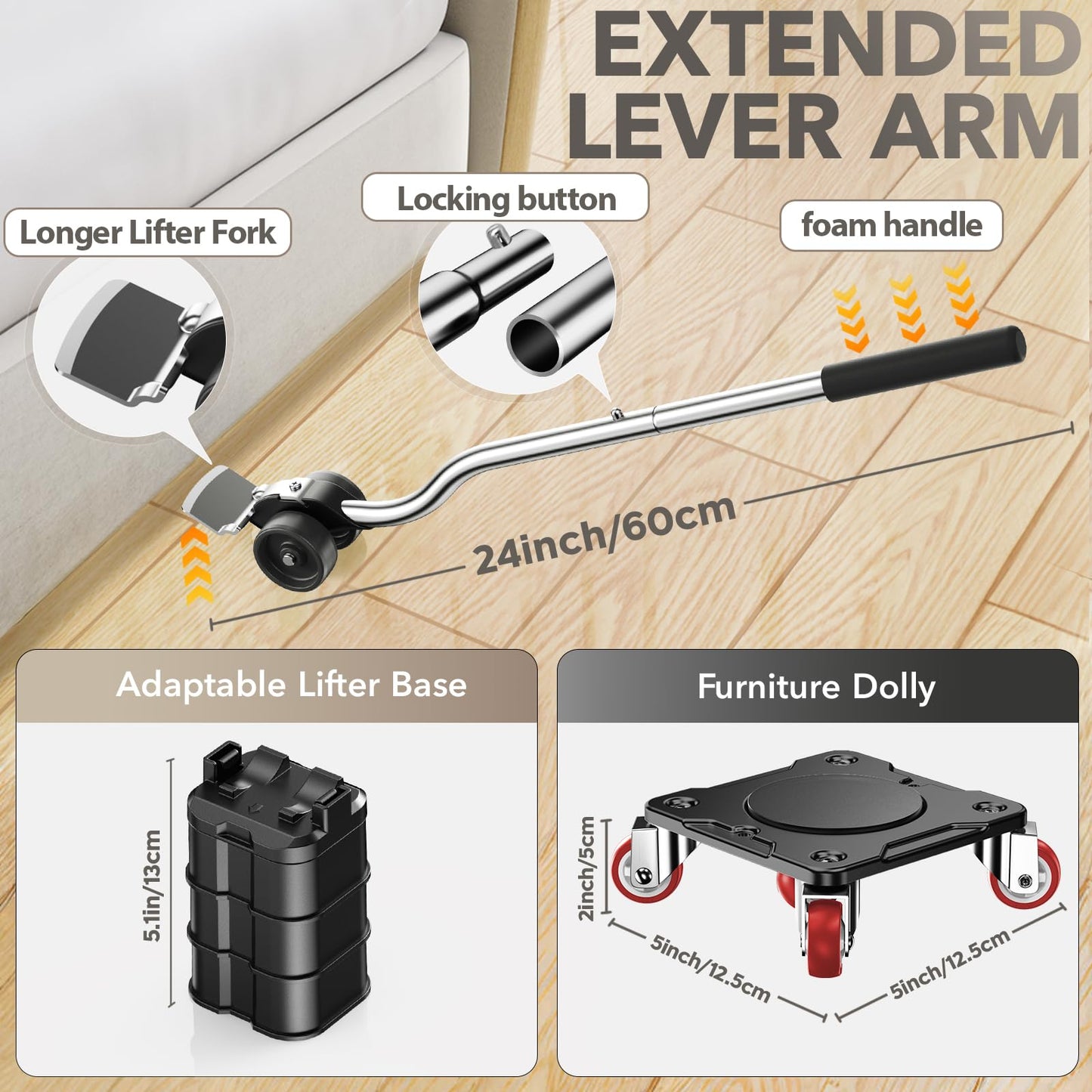 QHNB Heavy Duty Furniture Movers with 5 Wheels & Parking Function – Carbon Steel Panel Furniture Dolly Set with Lifter, 360° Rotating Casters for Easy Moving, Max Load 2200 LBS