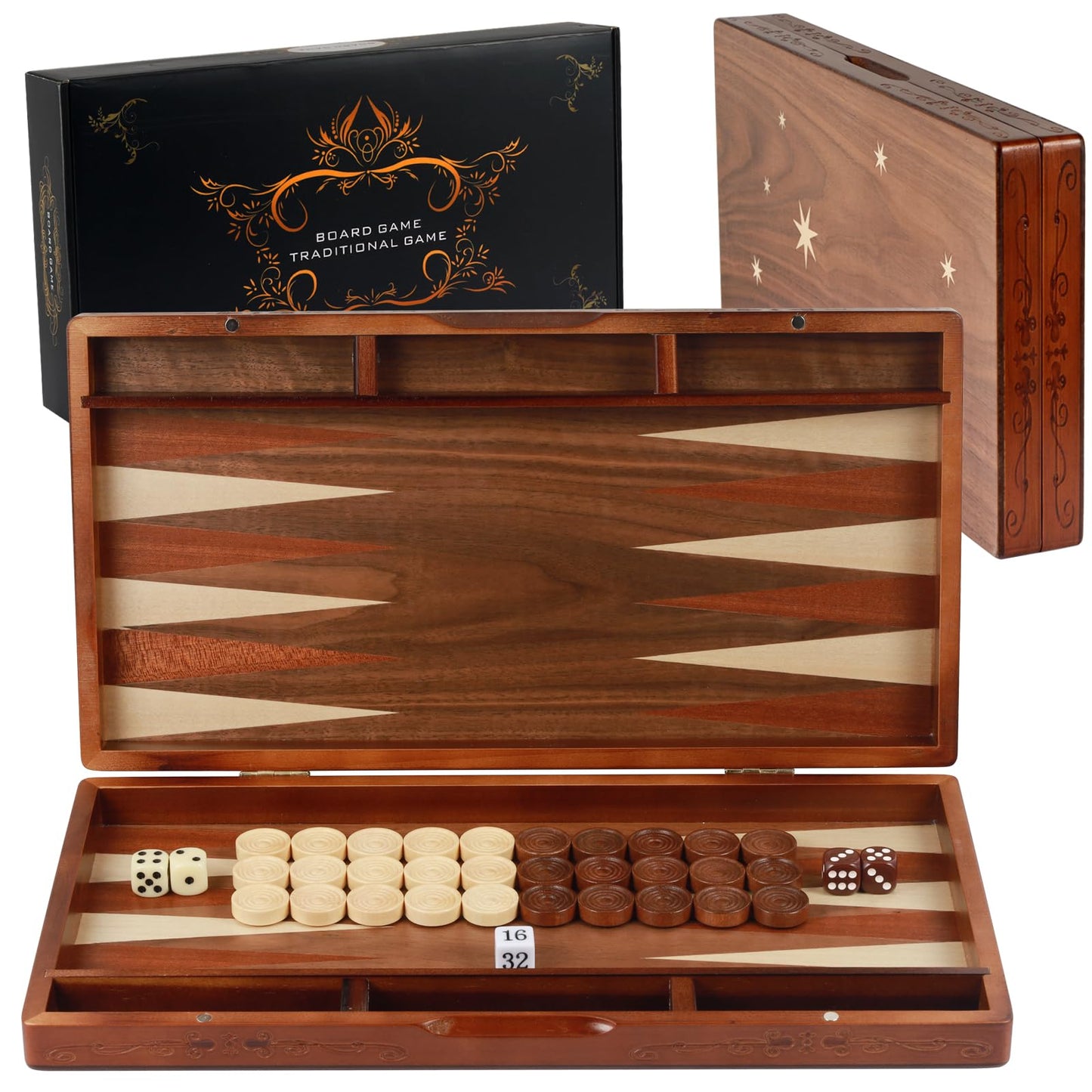 Syrace Handcrafted Wooden Backgammon Set, 16" Large Size, Classic Two-Player Strategy Board，Premium Travel Game Board for Adults & Kids
