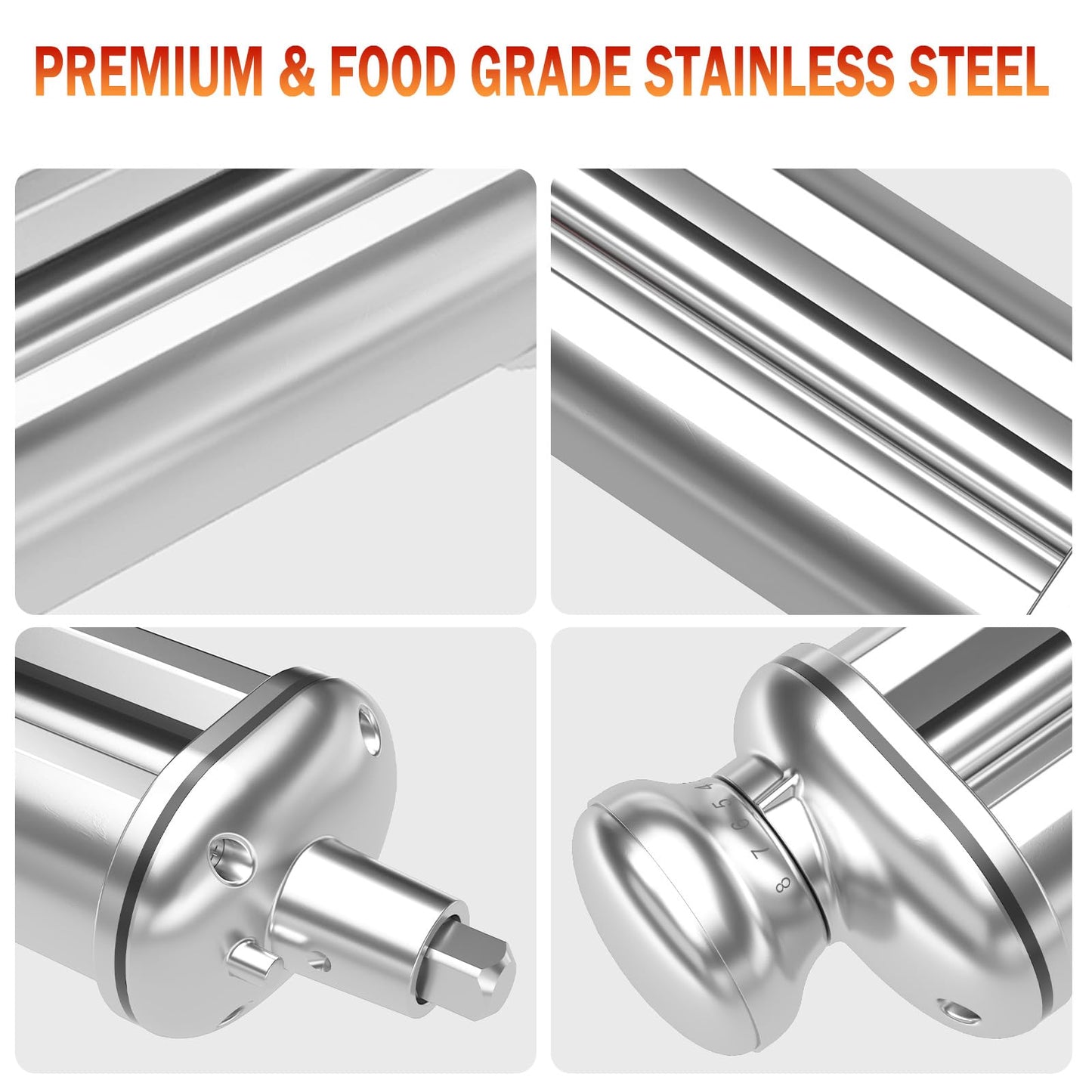Pasta Roller Attachment for all KitchenAid Standing Mixers, Pasta Maker for Kitchen Aid Accessories and Attachments, Noodle Dough Sheet Roller with 8 Different Thickness Knob, Stainless Steel