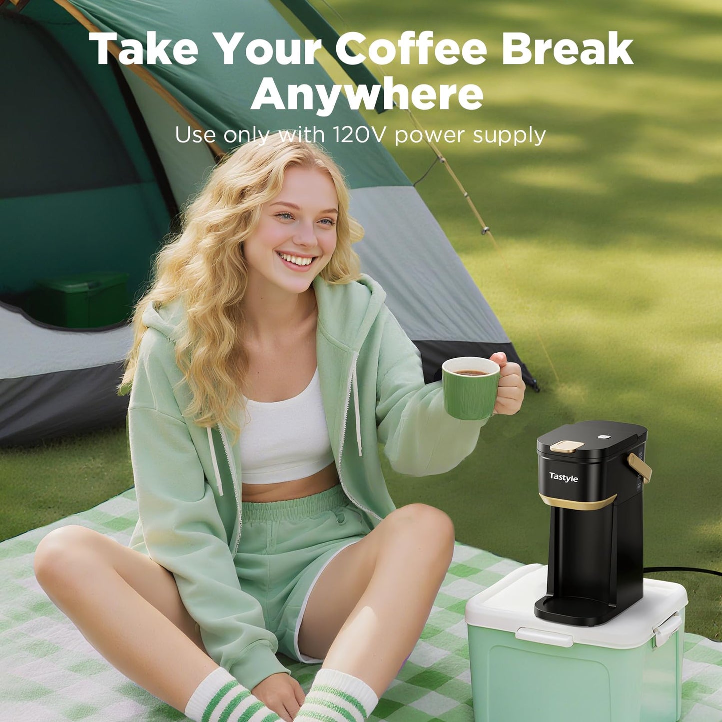 Tastyle Single Serve Mini Coffee Maker, for K Cups and Grounds, with Portable Handle, 6 to 12 Oz Brew Size, for Travel, Camping, Office, RV and Dorm, Black and Gold