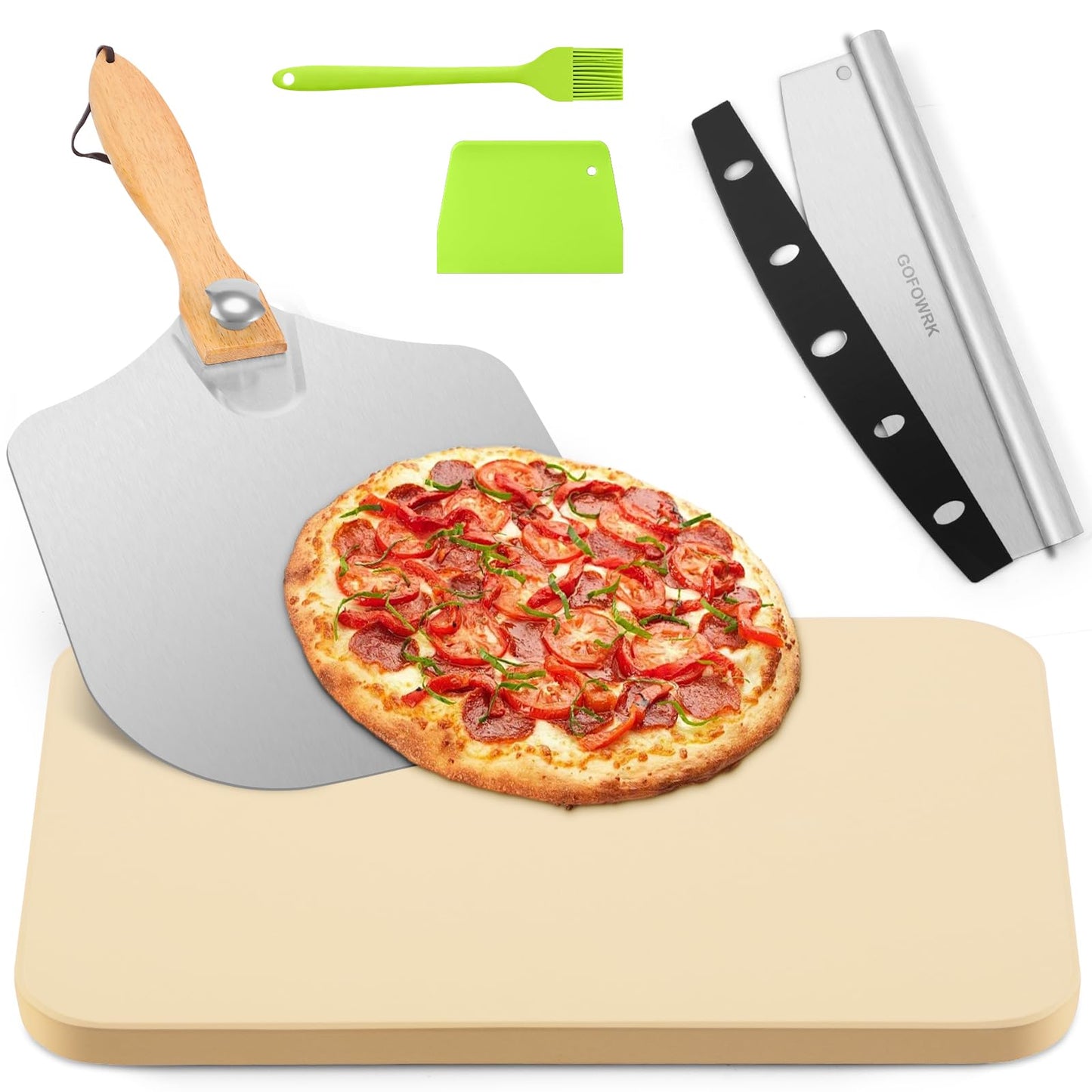 GOFOWRK Pizza Stone Set, 15 x 12'' Large Rectangle Pizza Stone Set for Oven and Grill with Metal Pizza Peels & Cutter Rocker, 0.6'' Thickened Stone Pizza Pan, Baking Stone for Pizza, Bread