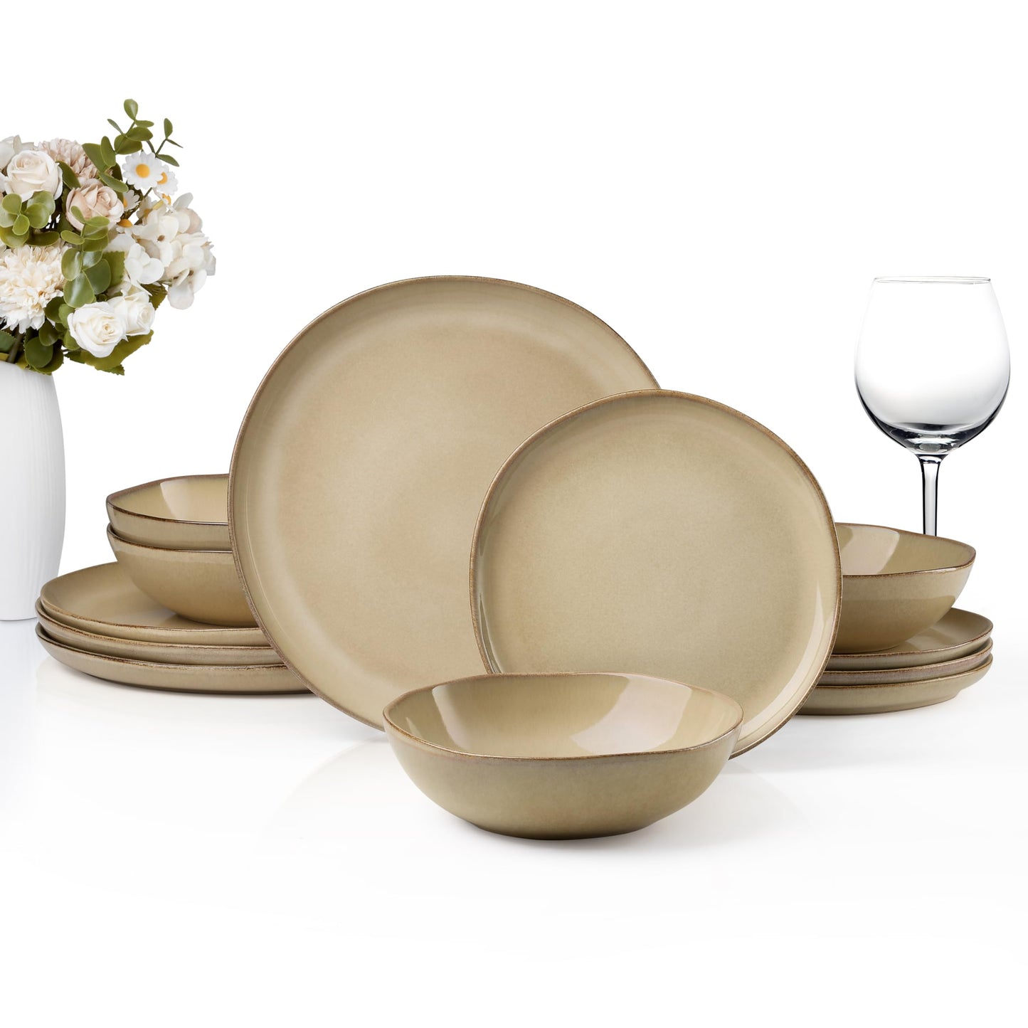 HaWare Dinnerware Sets, 12-Piece Stoneware Plates and Bowls Set, Dish Set for 4, Ceramic Dishware for Home Restaurant, Chip and Scratch Resistant, Microwave and Dishwasher Safe, Reactive Sandy Khaki