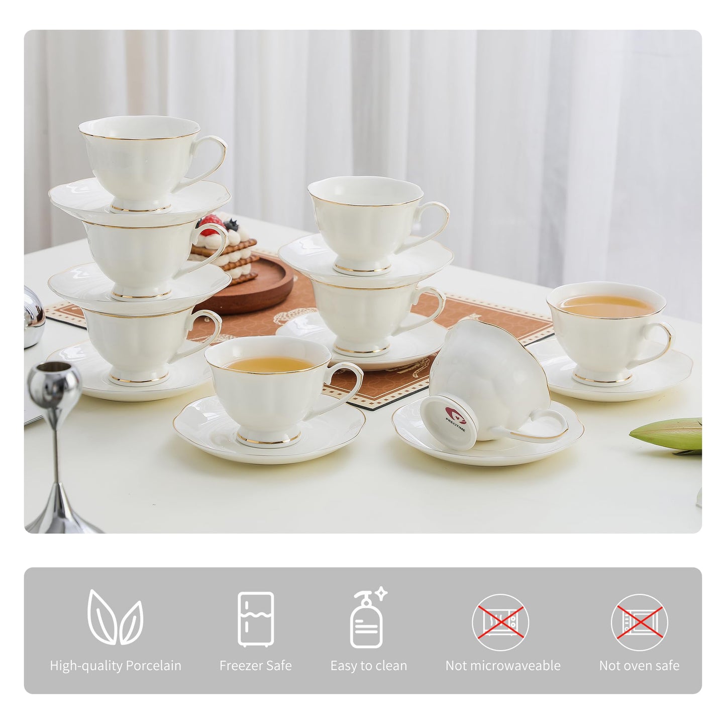 PRECITIME White Ceramic Tea Cup and Saucer Set of 8 (16-Piece) - 6oz Elegant Porcelain Cups with Gold Rim, 8 Cups & 8 Saucers for Tea Party