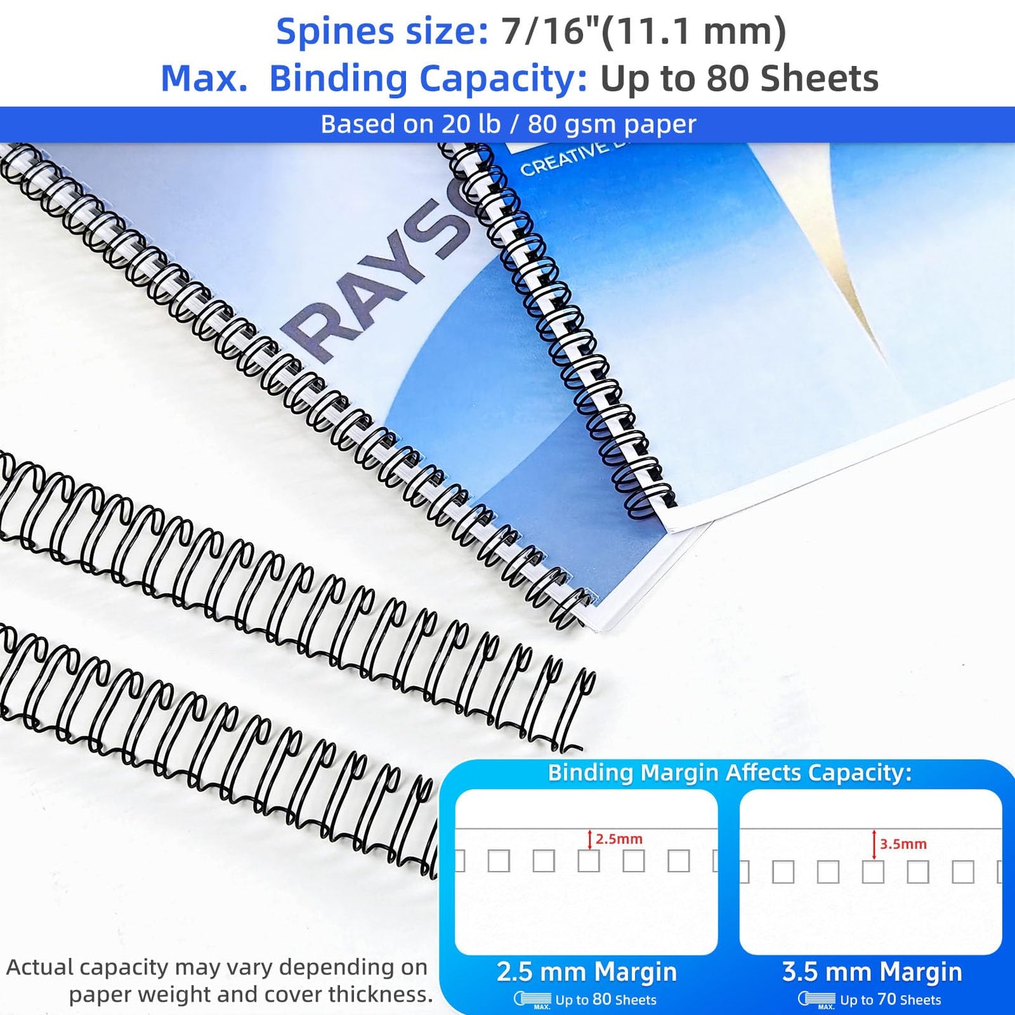Rayson Double Loop Binding Wires 7/16 Inch - 3 to 1 Pitch Wire Binding Capacity 80 Sheets, 11 inch Length, 32-Loop Black Wire Ring Pack of 100 to Bind Reports and Projects