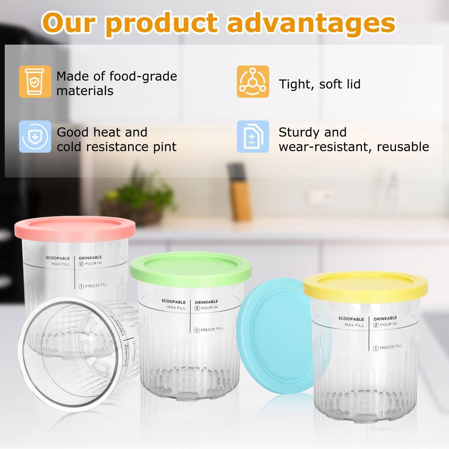 Containers Replacement for Ninja Creami Pints and Lids & Scoop - 4 Pack | Compatible with NC500/NC501AMZ Series | BPA-Free, Dishwasher-Safe, Leak-Proof Pints for Homemade Ice Cream