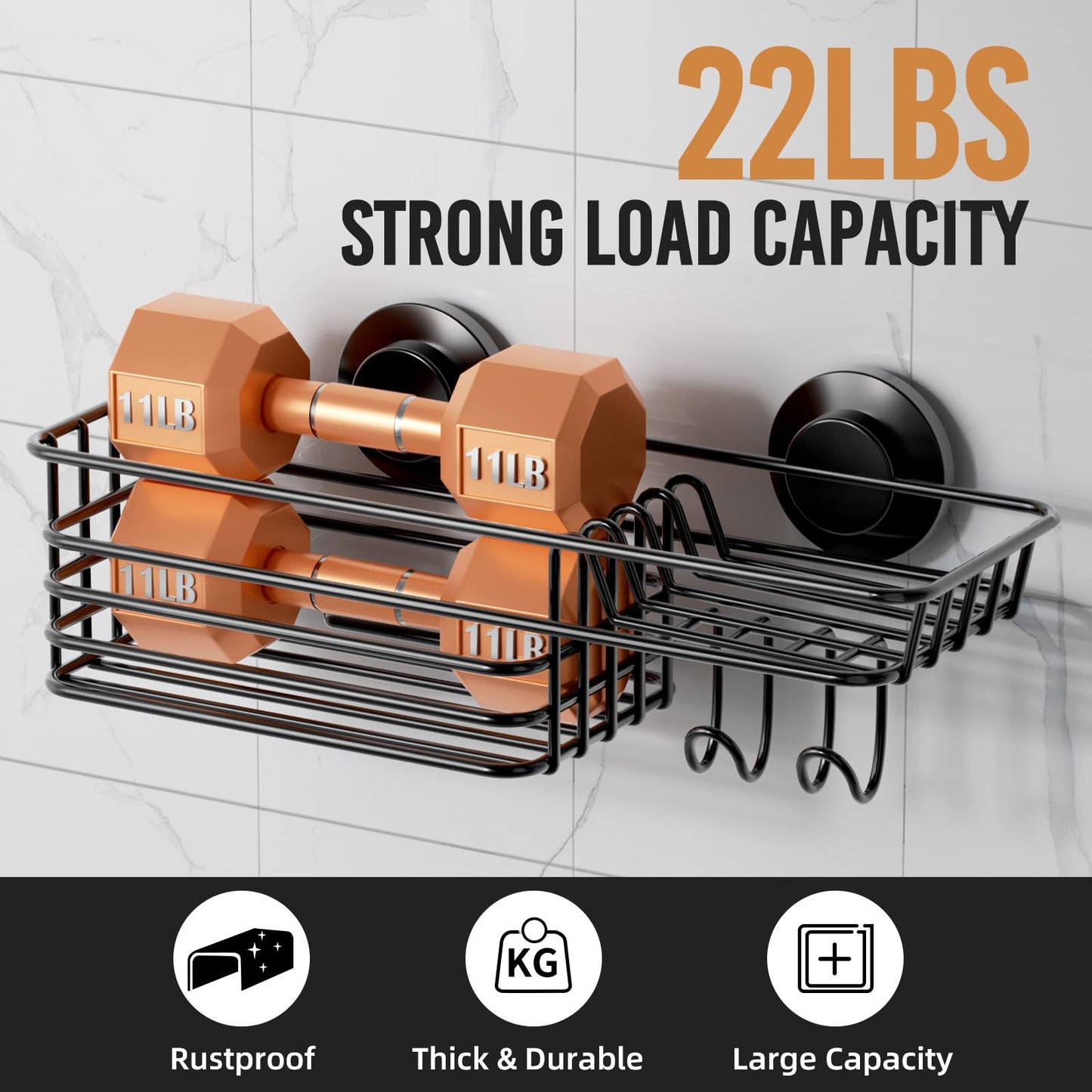 LEVERLOC Shower Caddy Suction Cup, Shower Shelf with Hooks and Soap Holder, NO-Drilling Bathroom Organizer, Rustproof Metal Bathroom Storage and Organization - Black