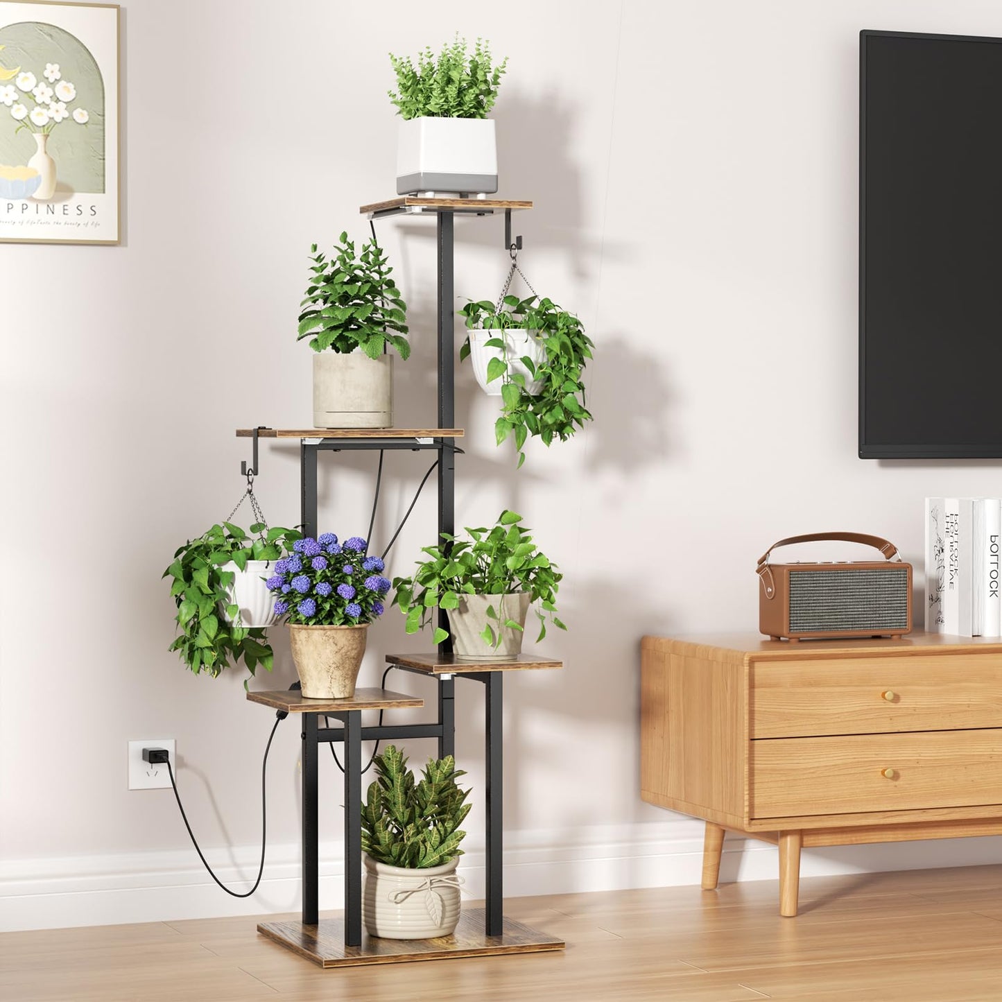 unlumm Plant Stand Indoor with Grow Lights, 46" Metal Corner Plant Shelf with 3 LED Lights, 5-Tiered Tall Plant Flower Holders with 2 Hanging Hooks for Living Room, Garden, Patio (Black Brown)