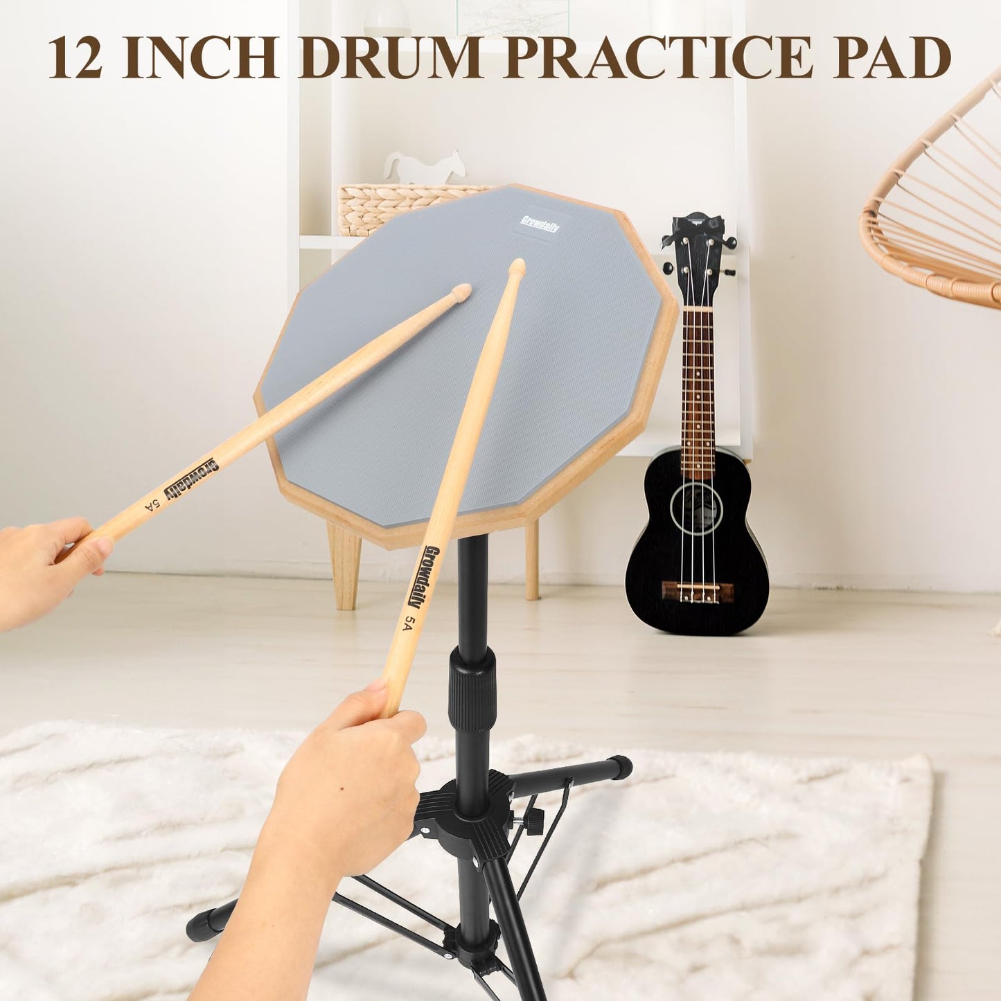 Drum Practice Pad Snare Drum Stand Set 12 In With Double Sided Silent Drum Pad, Drum sticks,Carrying Bag Adjustable Stand (Grey)