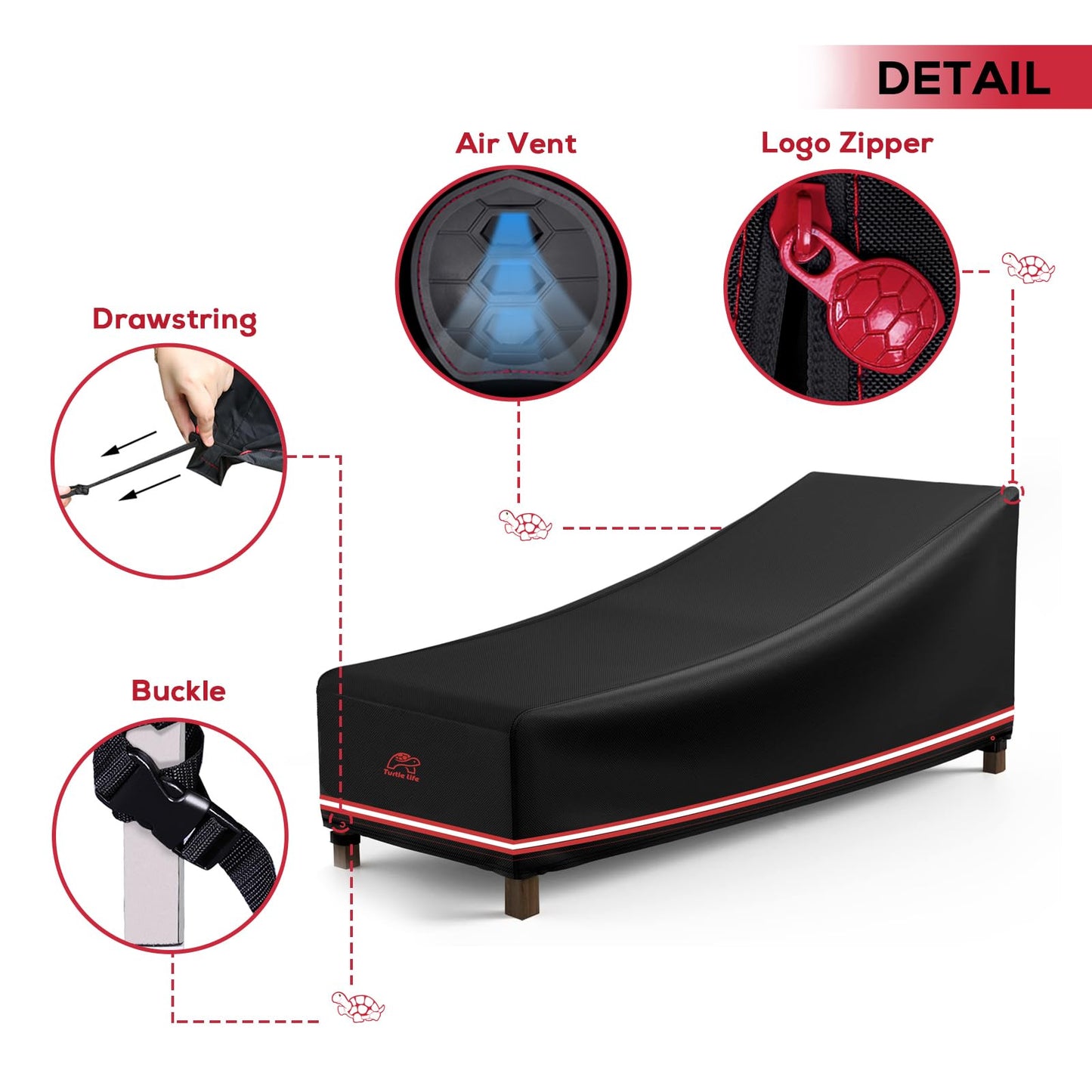 Turtle Life Patio Lounge Chair Cover Waterproof Heavy Duty Outdoor Chaise Lounge Covers with Upgrade Air Vent, 1 Pack - 74L x 32W x 32H inch, Black