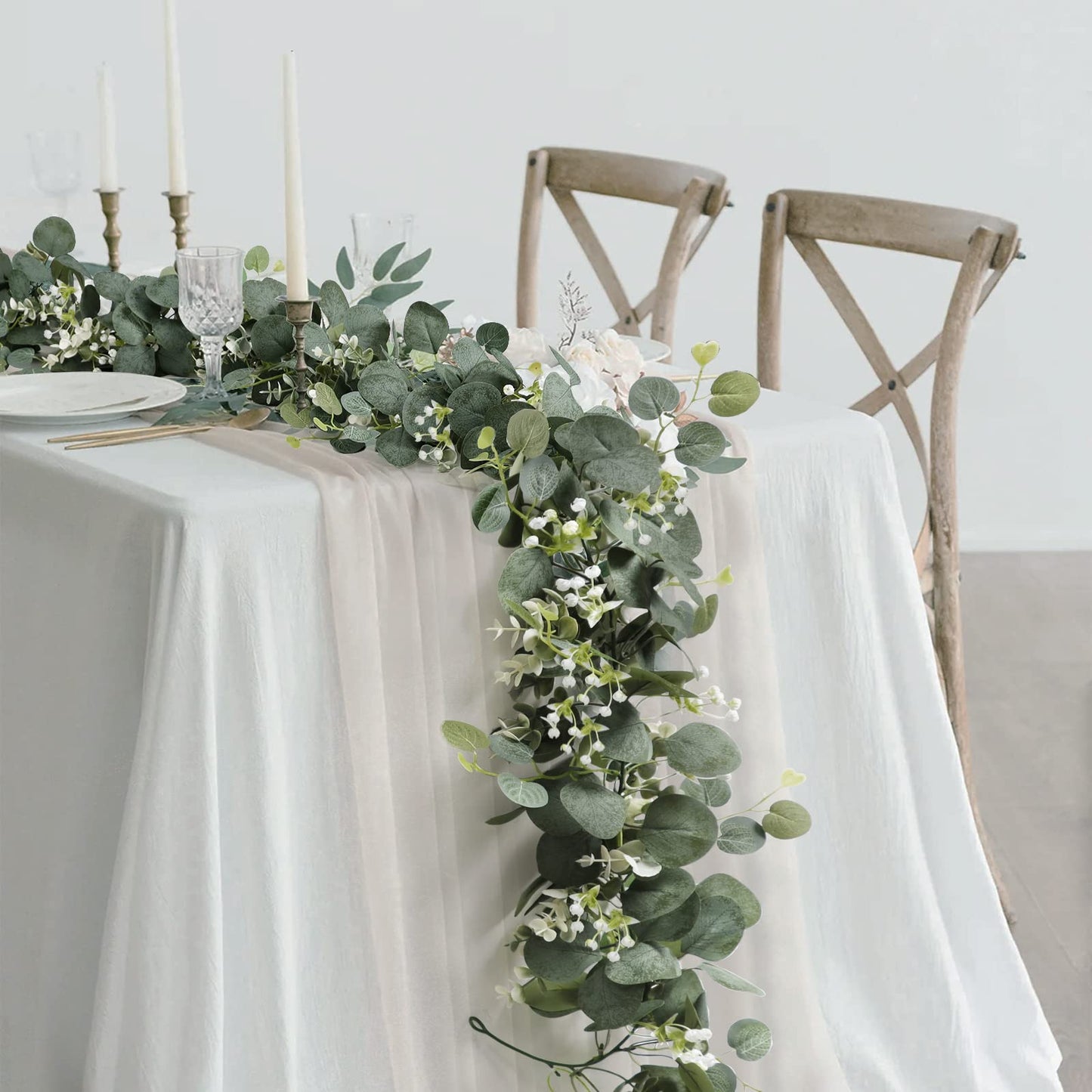 SOMYTING Artificial Eucalyptus Garland, 4 Packs 5.9Ft Faux Greenery Vines with White Babys Breath Flowers Gypsophila Fake Silver Dollar Eucalyptus Leaves Vines for Wedding Party Mantle Table Decor