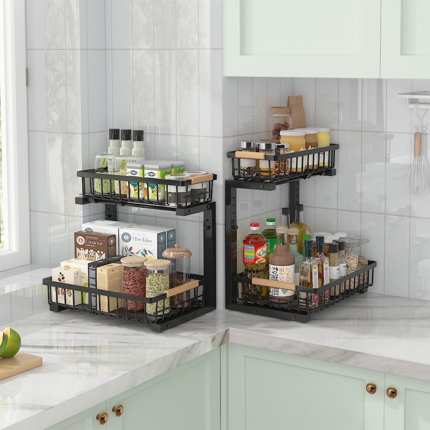 ADRIMER 2 Tier L-shaped Under Sink Organizer, Pull Out Kitchen Organizers and Storage, Undersink Organizers and Storage for Kitchen Bathroom, Height Adjustable, Black