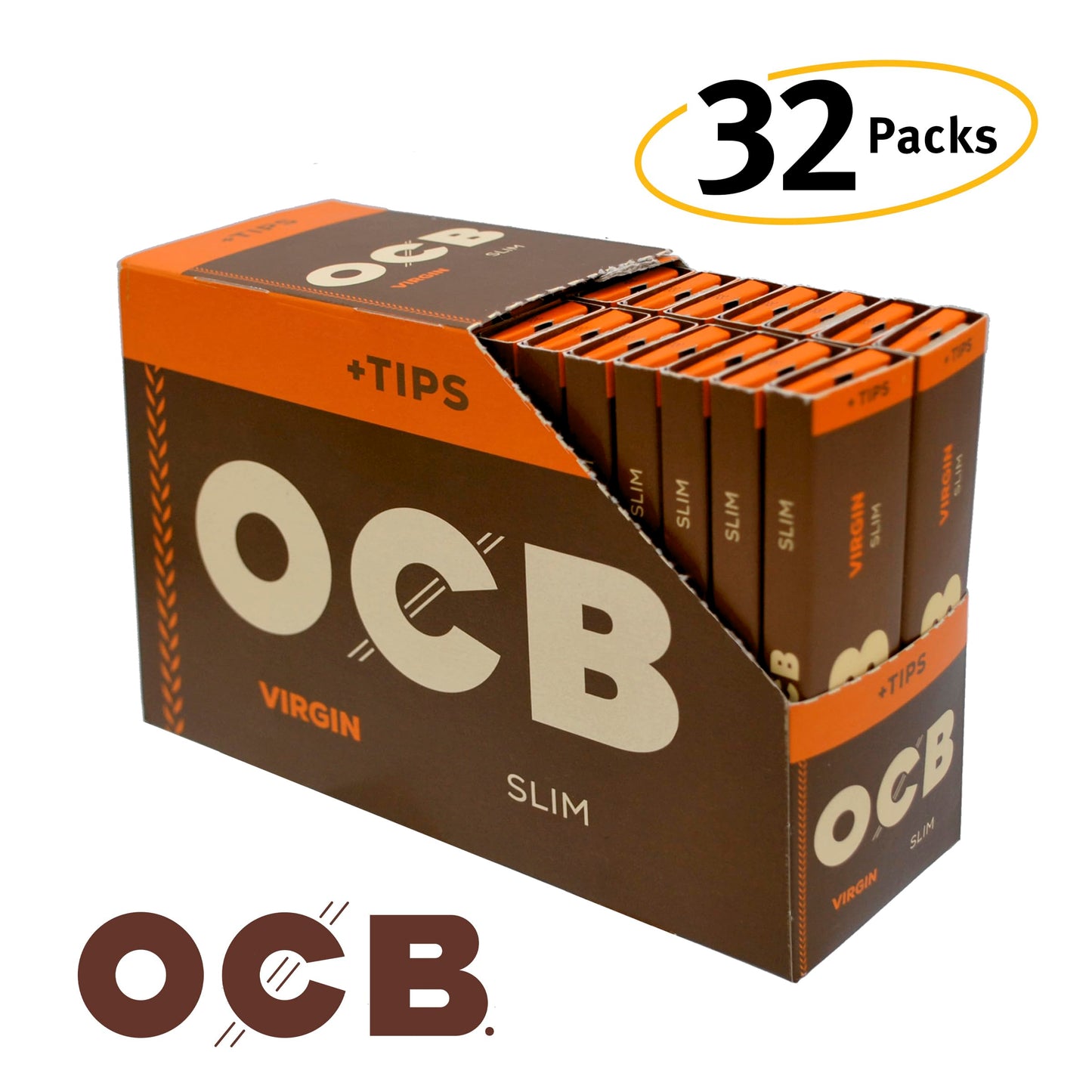 OCB Virgin Unbleached Rolling Papers Slim + Filters (44mm x 109mm) - 32 packs of 32 papers + 32 filters
