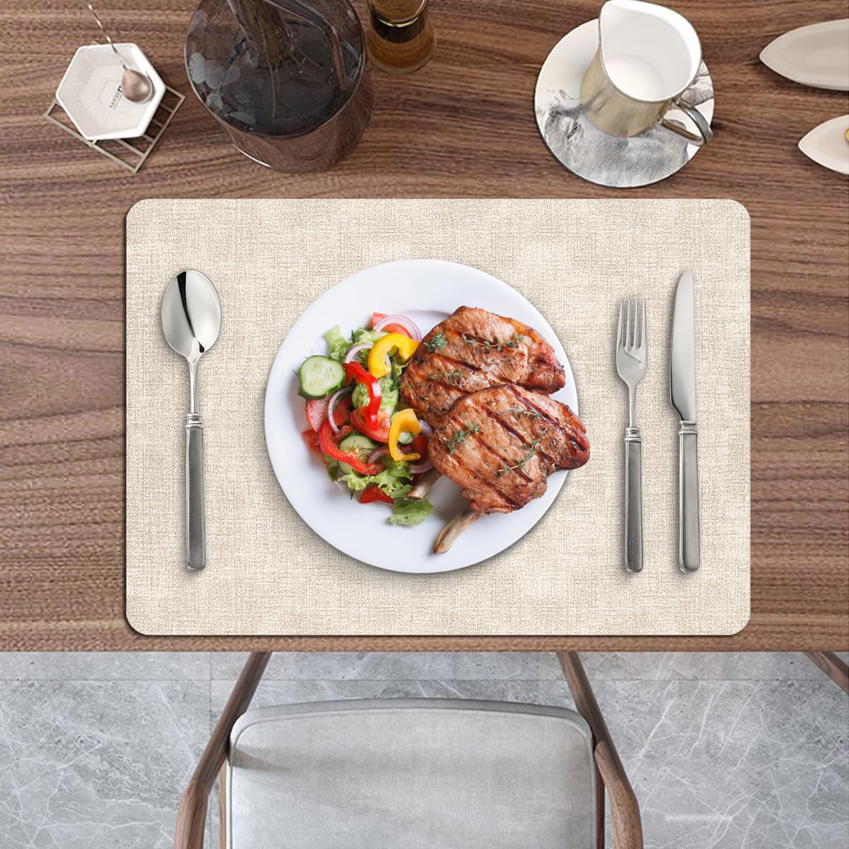 BIPASION Placemats, Faux Leather Heat Resistant Placemats for Dining Table Set of 8, Waterproof Wipeable Washable Place Mats, Easy to Clean Non-Slip Table Mats, Beige