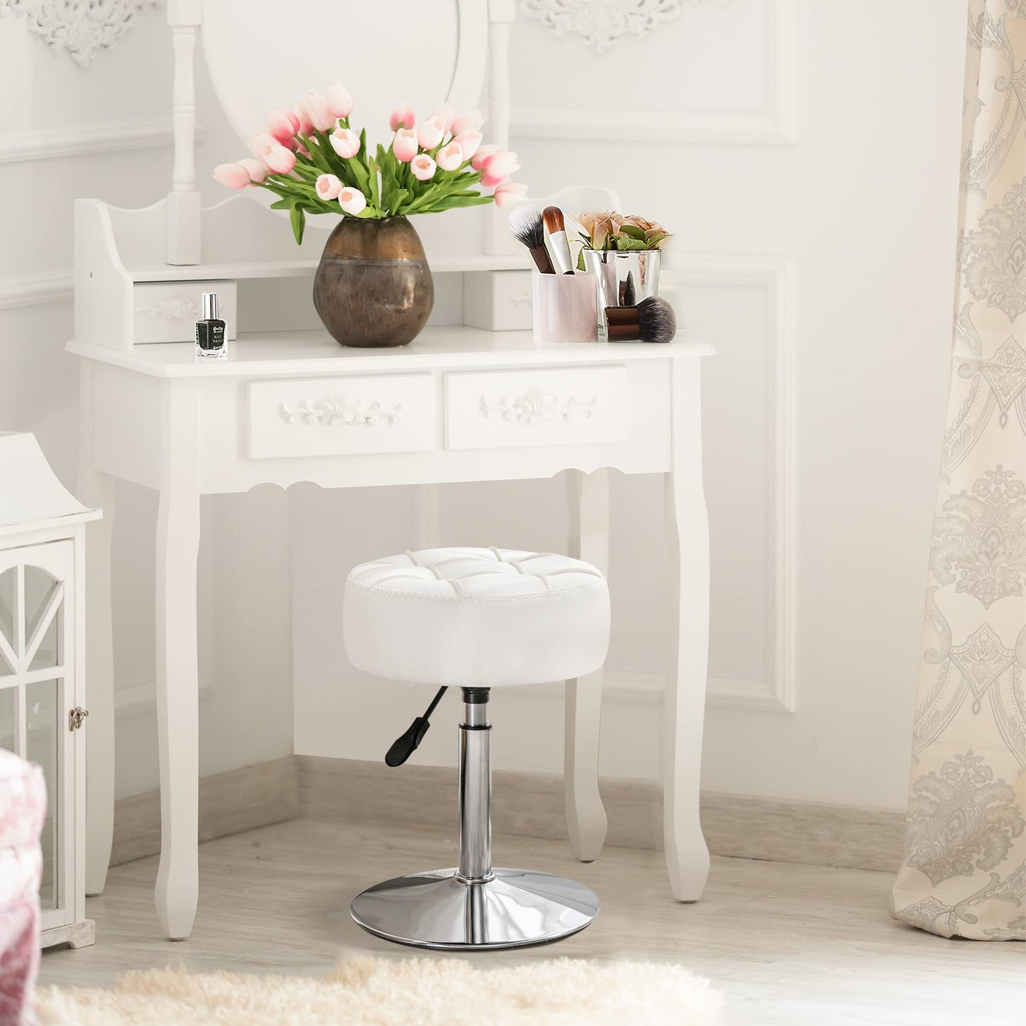 LUE BONA Adjustable 360°Swivel Vanity Stool, White Faux Leather Makeup Chair for Bathroom & Living Room