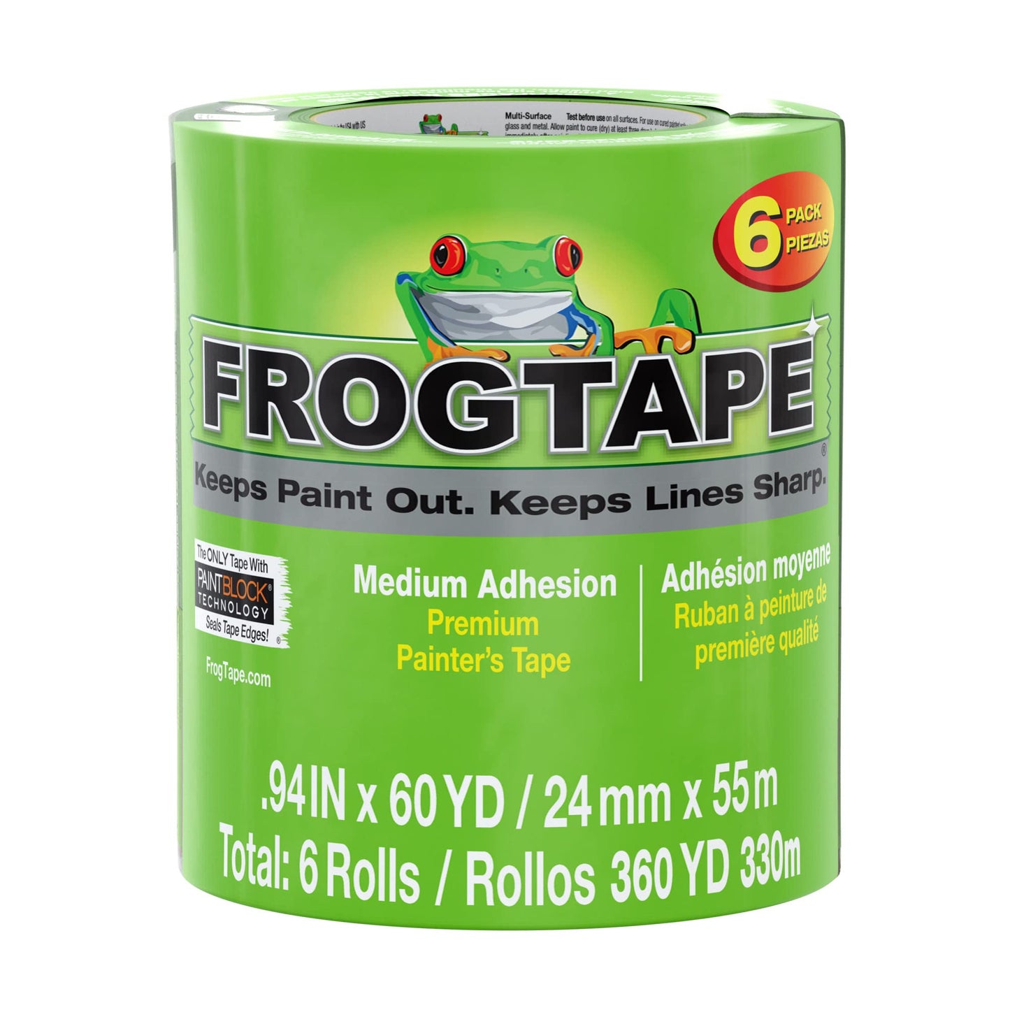 FROGTAPE 240659 Multi-Surface Painter's Tape with PAINTBLOCK, Medium Adhesion, 0.94 Inches x 60 Yards, Green, 6 Rolls