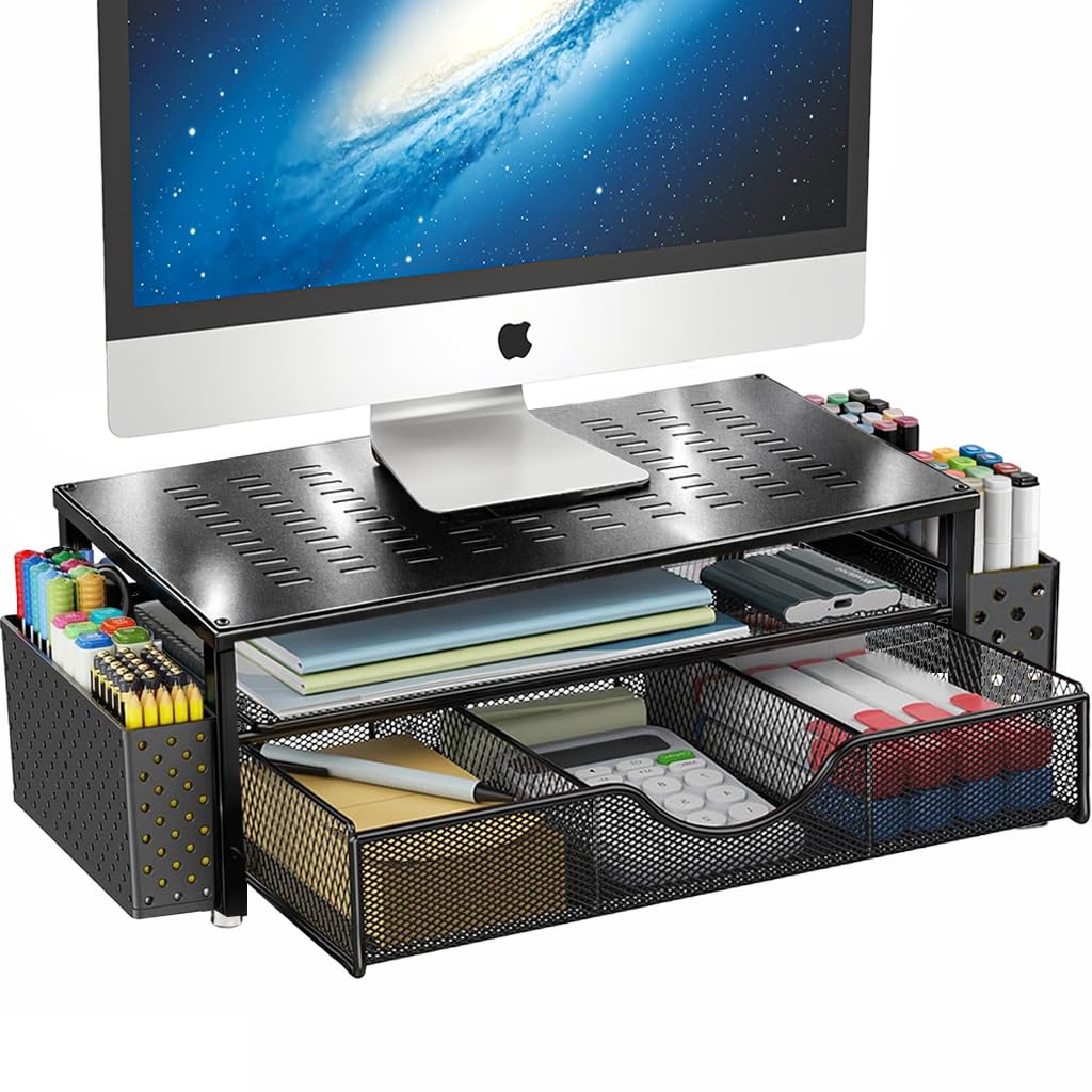 Computer Monitor Stand Riser, 2-Tier Metal Desk Organizer with Drawer & 2 Pen Holders Storage for Desktop, Laptop Stand, Office Desk Accessories for Home Office Supplies (Black 2)