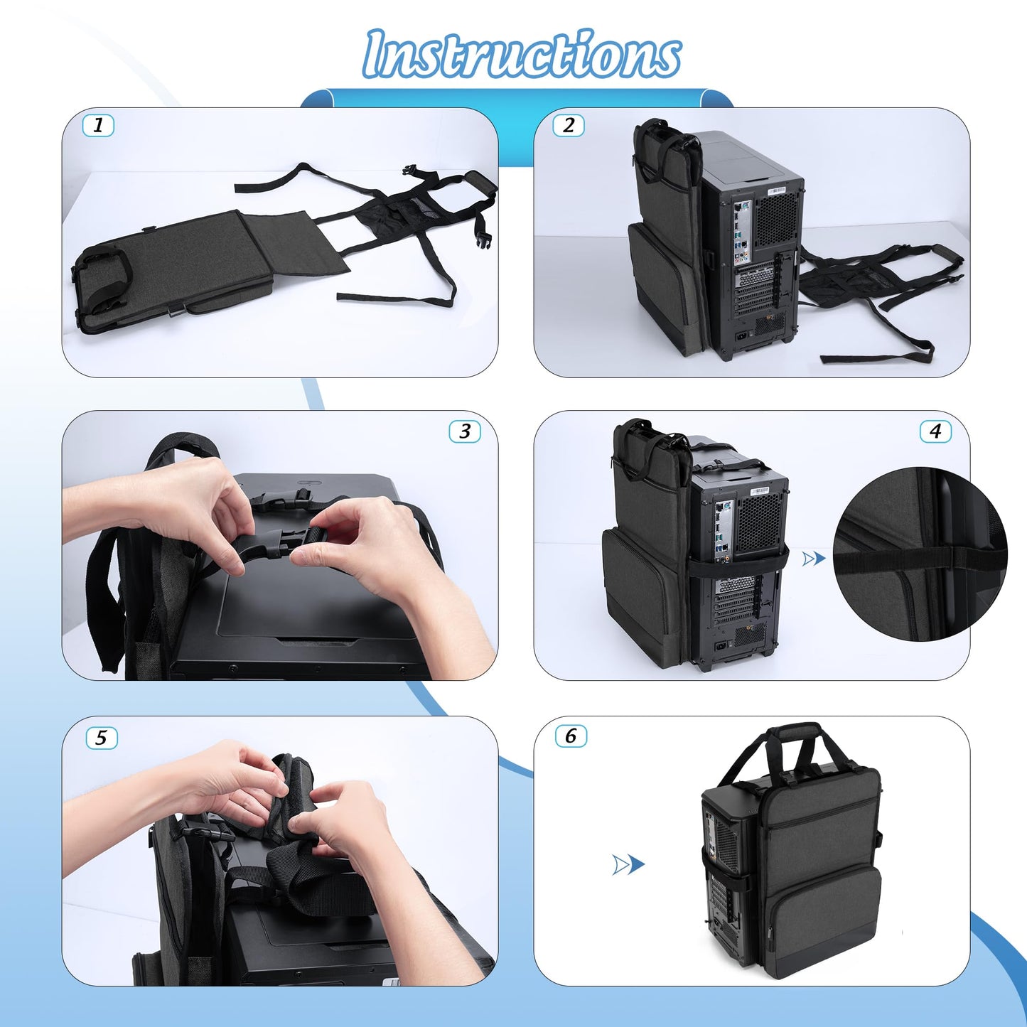 Trunab PC Tower Carrying Strap with Handle, Desktop Carrying Case with Pockets for Keyboard, Cable and Computer Accessories, Ideal for Transporting On The Go (Patented Design)