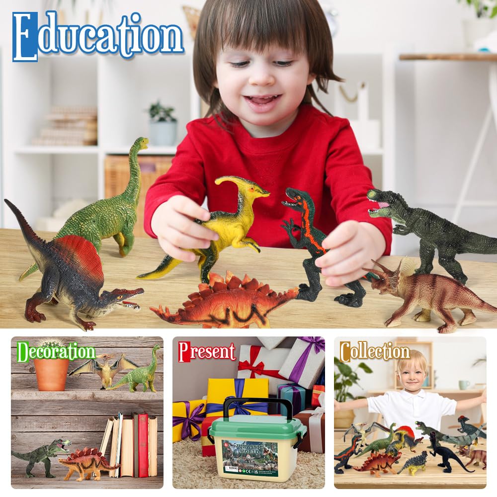 FRUSE Jurassic Dinosaur Toys,12 PCS Realistic Jumbo Dinosaur Figurines,Educational Dino Figure Playset w/Information Dino Book Easter Day Toy for Kids
