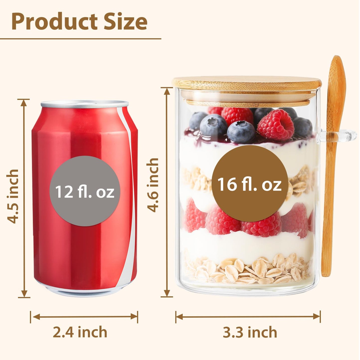 TBWIND 6-Pack 16oz Overnight Oats Jars with Lids and Spoons, Reusable Yogurt Containers with Labels, Glass Food Storage Jars for for Chia Seed Pudding, Salad, Cereal, Coffee, Dry Snacks, Seasoning
