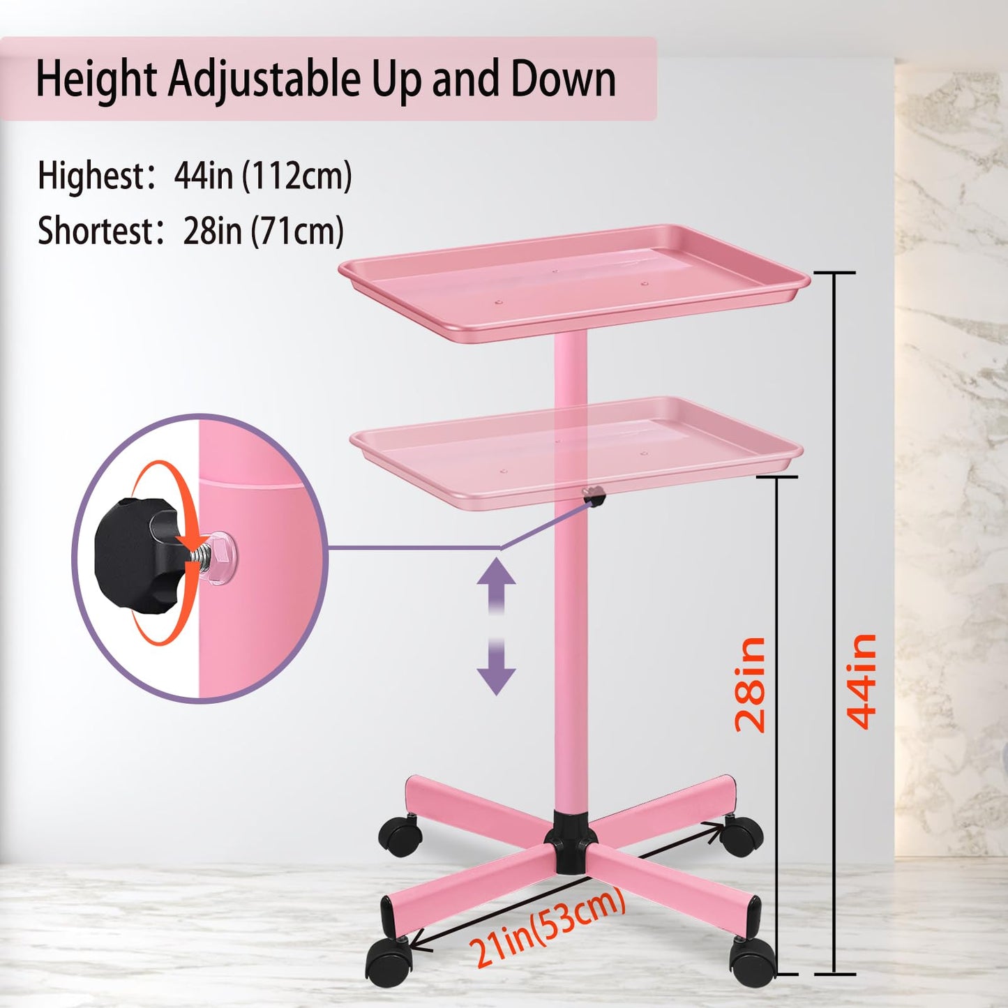 Niuadage Pink Salon Tray on Wheels, Height Adjustable 28-44 Inches, Aluminum, Hair Stylist & Color Tray, Dental & Tattoo Tray
