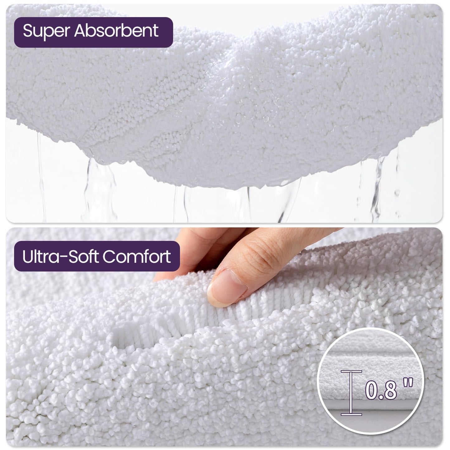 DEXI Bath Mat 20x32, Water Absorbent Microfiber Large Bathroom Rug with Non Slip Backing, Machine Washable Bathmat Shower Carpet for Floor, Tub, White