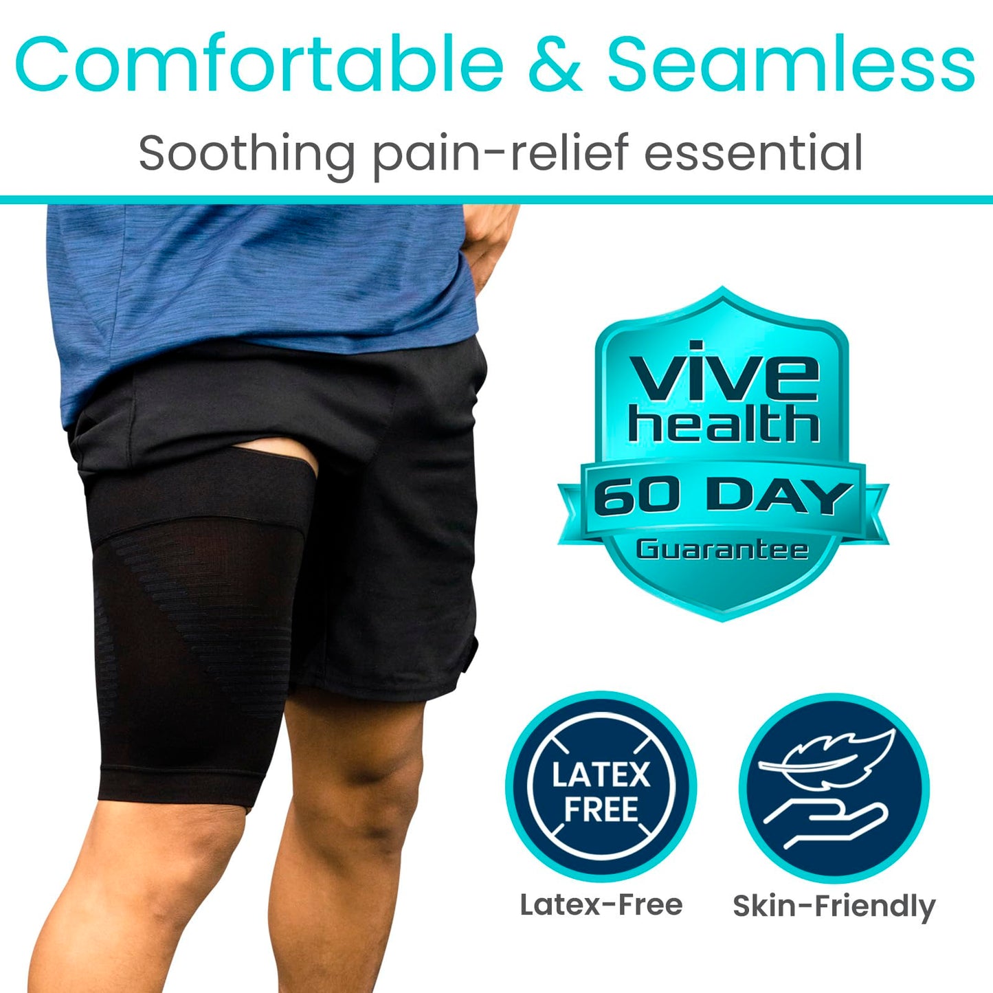 Vive Thigh Compression Sleeve - Upper Leg Wrap Recovery And Protection - Groin Quad Muscle Support - Stretcher Brace Hamstring Injury For Pain Relief And Recovery - Stretch Ideal For Women And Men,