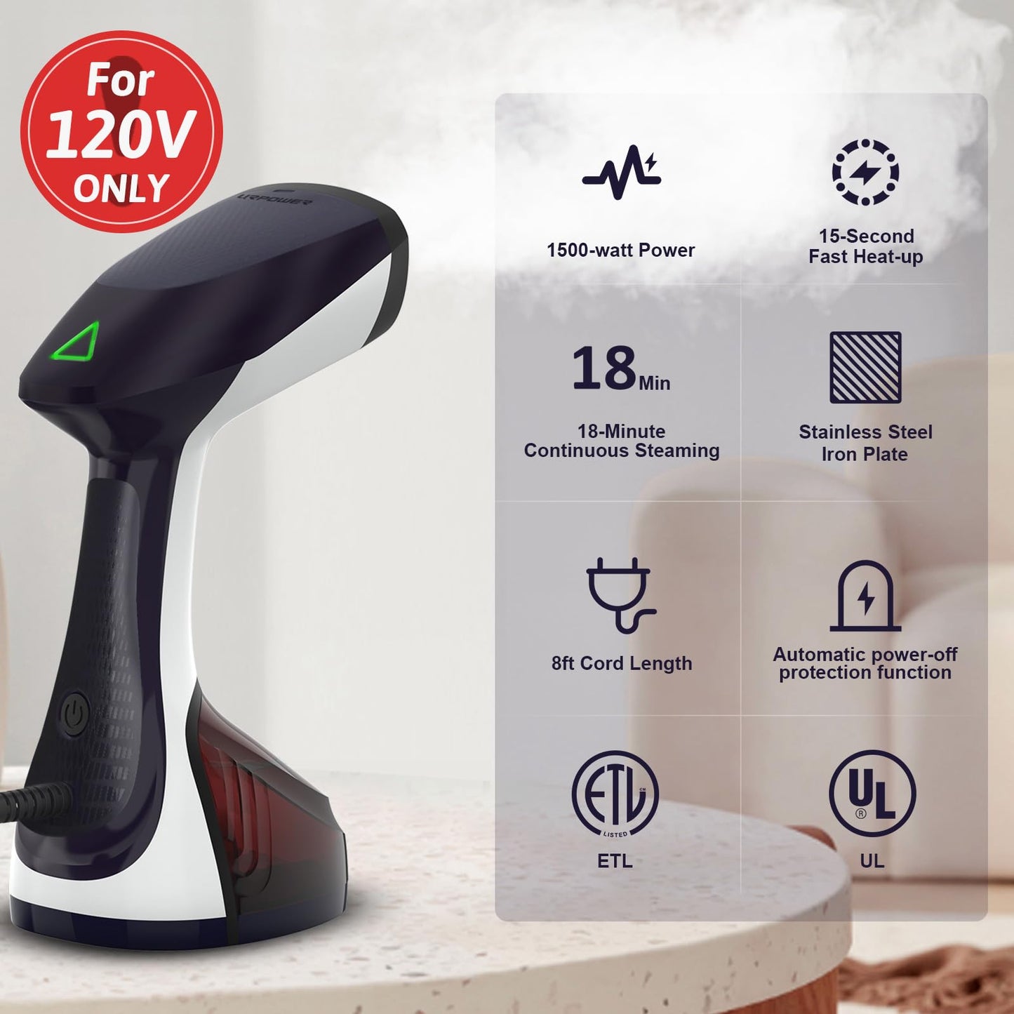 URPOWER Steamer for Clothes 300ML Clothes Steamer Handheld 15-Second Fast Heat-up 1500w Stainless Steel Plate Travel Steamer Portable Garment Steamer 2 in 1 Steamer & Iron Detachable Water Tank 120V