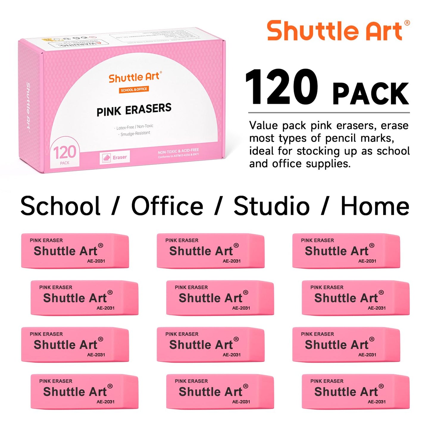 Shuttle Art Pink Erasers, 120 Pack Pink Erasers Bulk for School, Office, Latex-Free Soft Erasers for Kids, Teachers as School Supplies