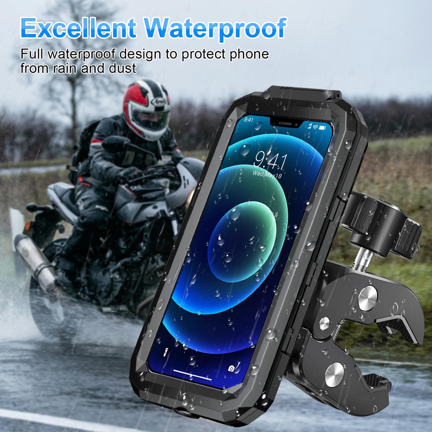 Bike Phone Holder Waterproof Motorcycle Phone Mount Holder Handlebar 360°Rotate Touch Screen Bicycle Cell Phone Holder, Anti-Shake Scooter Stroller Ebike Golf Cart Phone Clip for 5.5-7" Smartphone