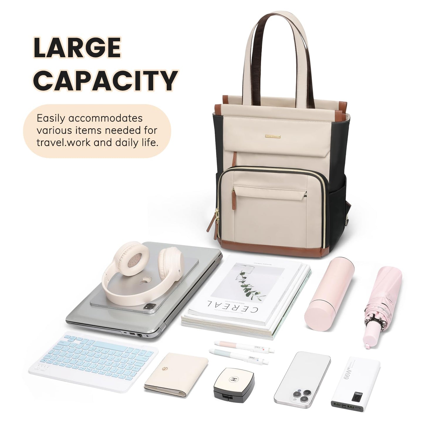 GOLF QUALITY Convertible Laptop Backpack for Women Carry on Tote Daypack Bookbag for College Work Nurse Travel,16Inch,Apricot Brown