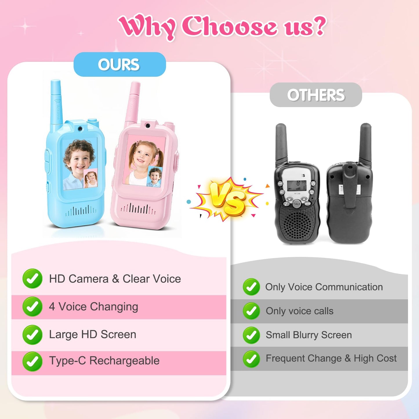 2 Pack Upgraded Video Walkie Talkies for Kids, HD Camera & Clear Voice & 1000 Ft Range, Rechargeable Walkies Talkies with 4 Voice Effects, Birthday Gifts for Boys Girls Indoor Outdoor Activity