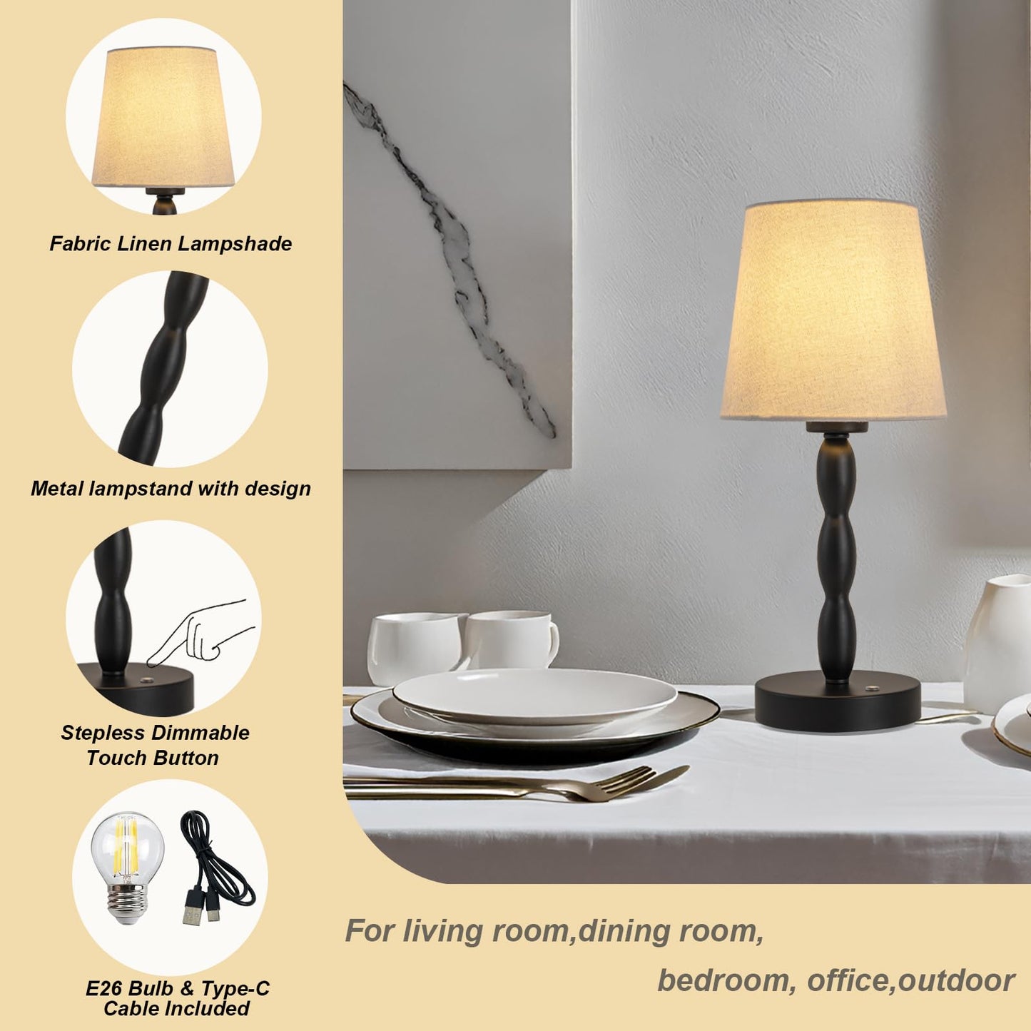 CASTLELIFE Portable Cordless Table Lamp,Touch Desk Lamp Rechargeable Battery Powered, 3-Level Brightness Stepless Dimmable Bedside Night Lamp,for Bedroom/Restaurant/Bars/Outdoor, Bulb Included,Black
