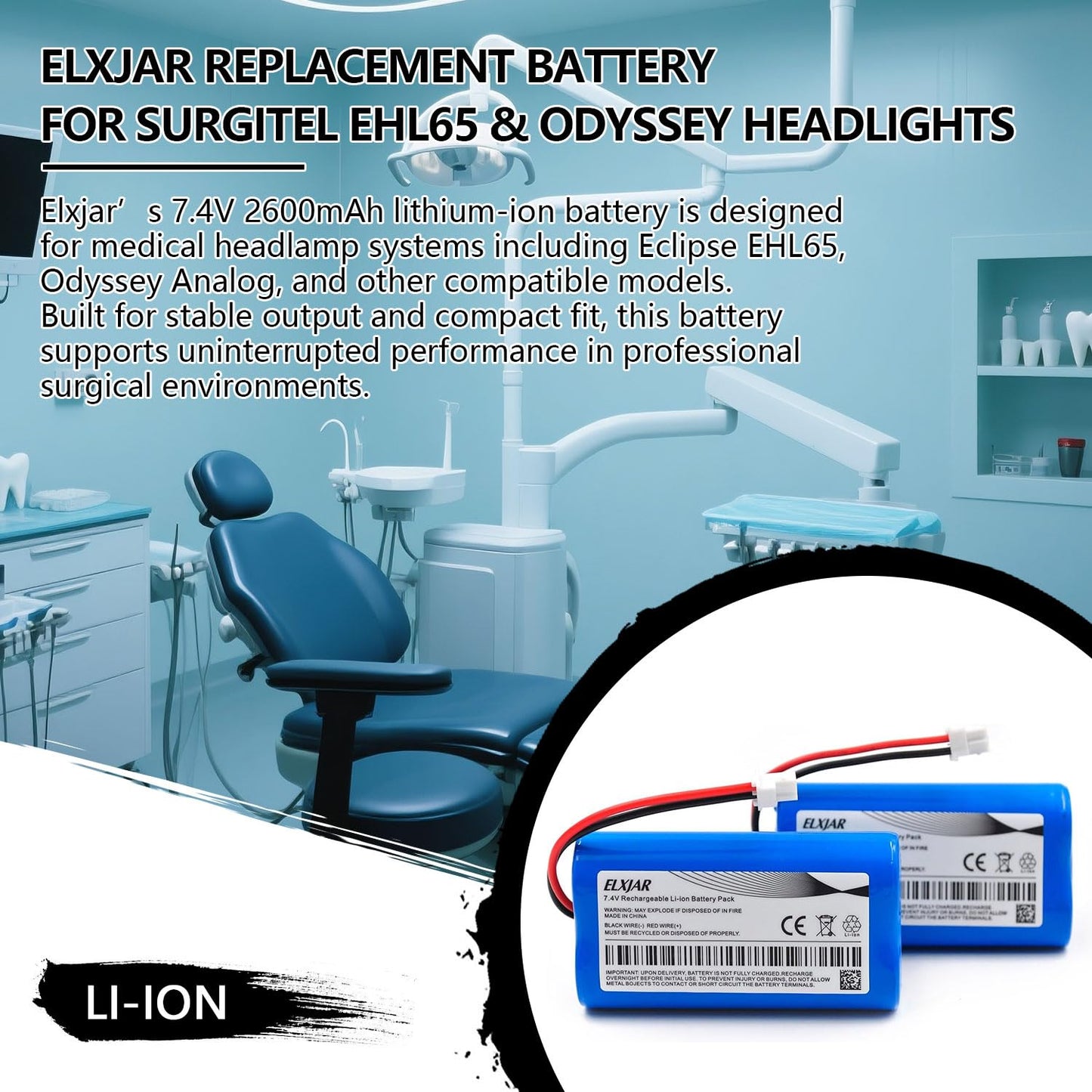 Coonyard (2-Pack) 7.4V 2600mAh Li-ion Replacement Battery for SurgiTel Eclipse EHL65 EHL-65 Odyssey Analog, fits 25458 OM0134 LED Headlights
