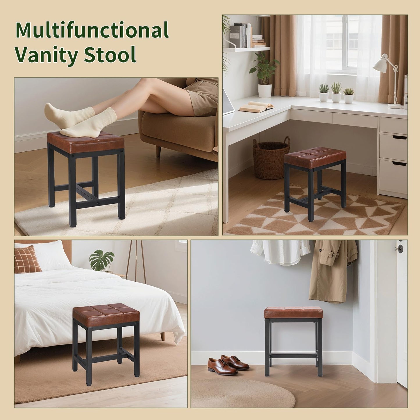 FLYZC Vanity Stool, Vanity Chair for Makeup Room, Square Faux Leather Small Ottoman Foot Stool with Metal Legs, Modern Makeup Chair for Bedroom, Living Room, Brown