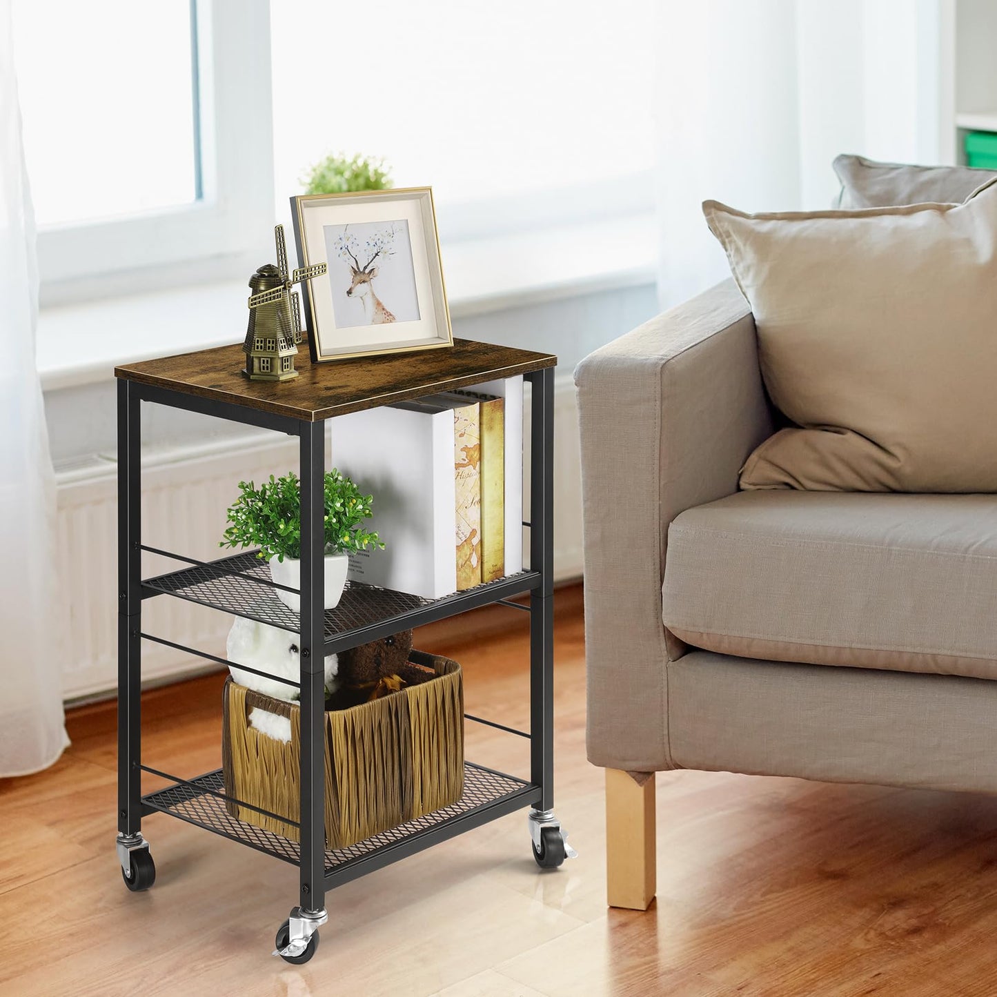 ETELI Side Table Small with Wheels Industrial Night Stand Storage Shelf 3 Tier Wood End Table with Metal Frame for Small Space Living Room Bedroom Kitchen Office