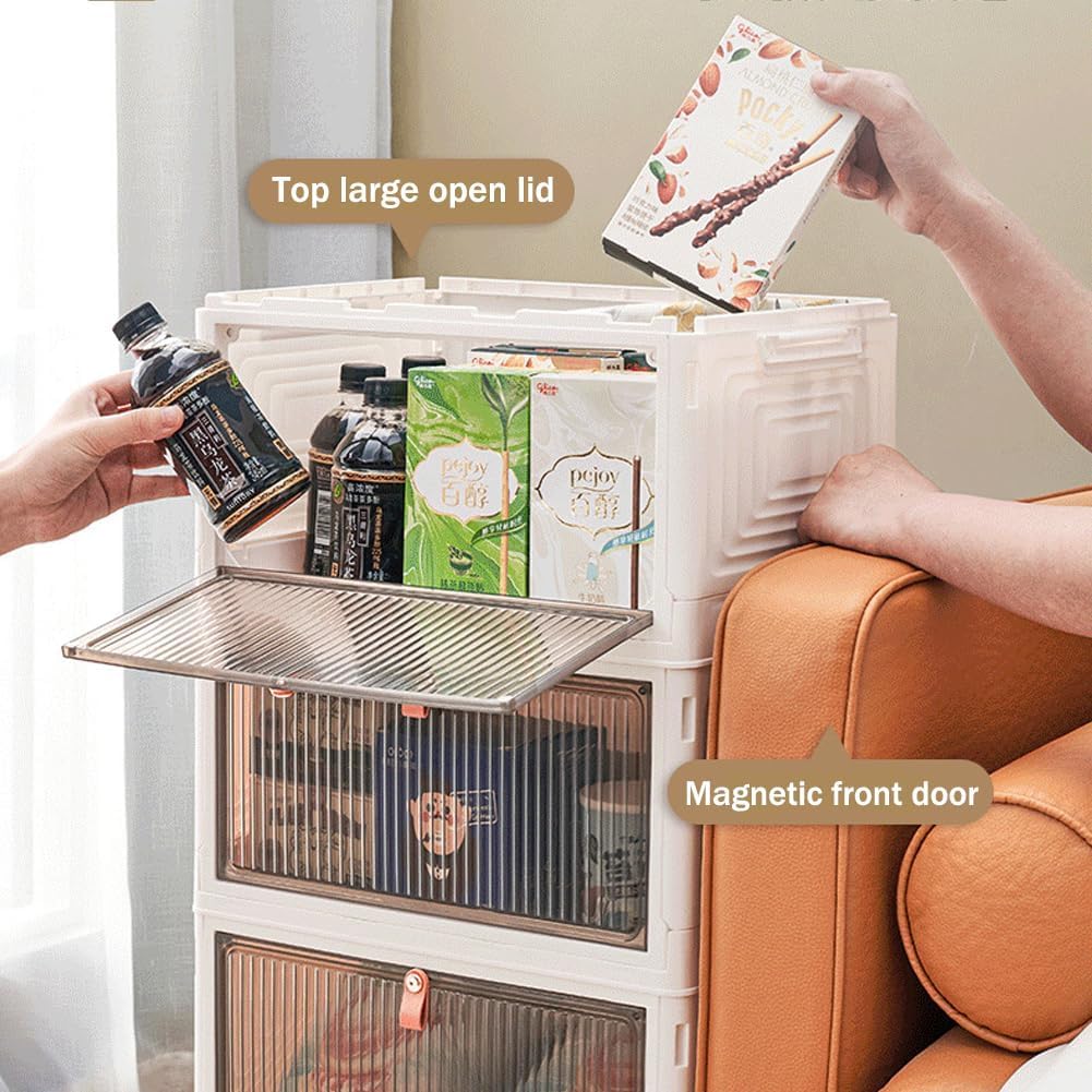 UHAPEER 3 Tier Plastic Stackable Storage Bins with Lids, Foldable Storage Box with Magnetic Doors and Wheels, Storage Container for Cabinet Closet Storage, Book, Clothes, Food Organization and Storage