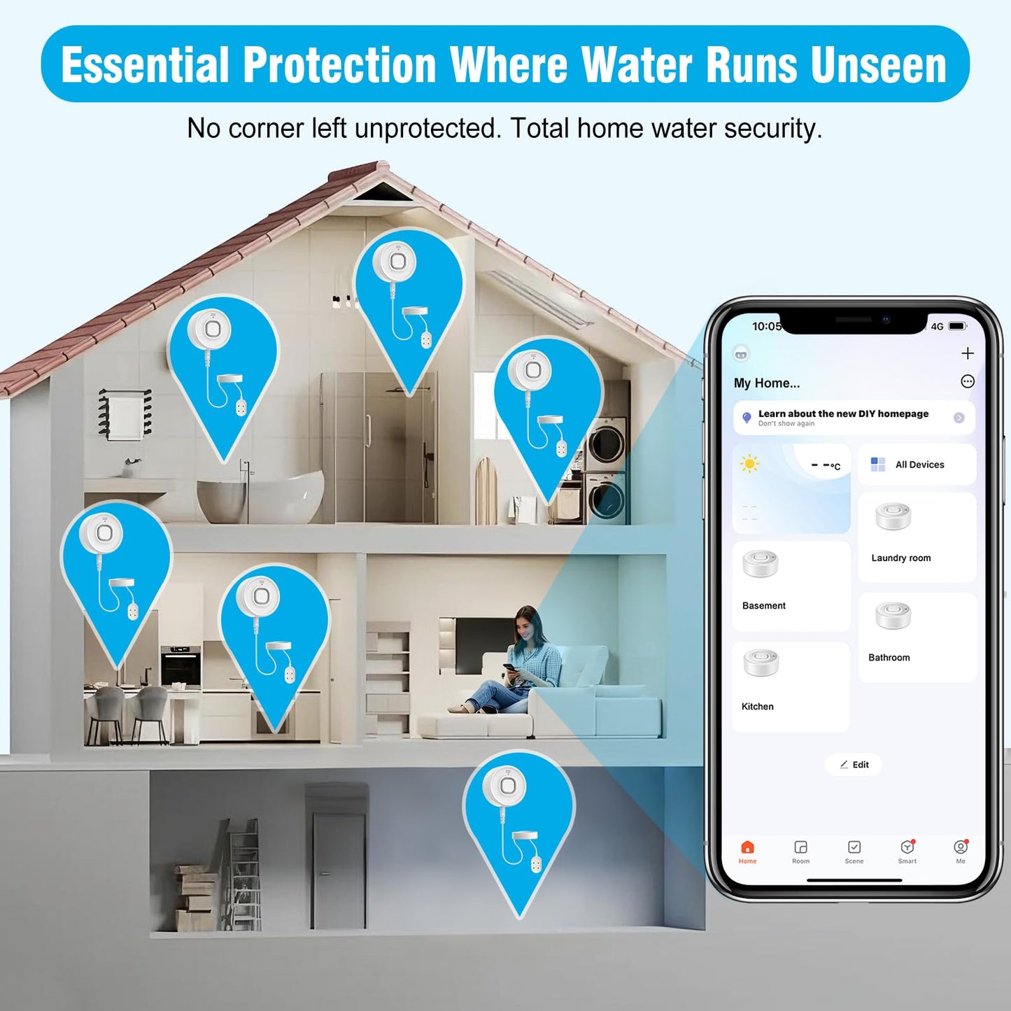 DAYTECH WiFi Water Sensors for Leaks 110dB Sump Pump Alarm with Phone Alerts and 6.5ft Detector Cable Smart Water Alarm for Basement/Laundry Room/Kitchen, 1-Pack(2.4G WiFi Only)