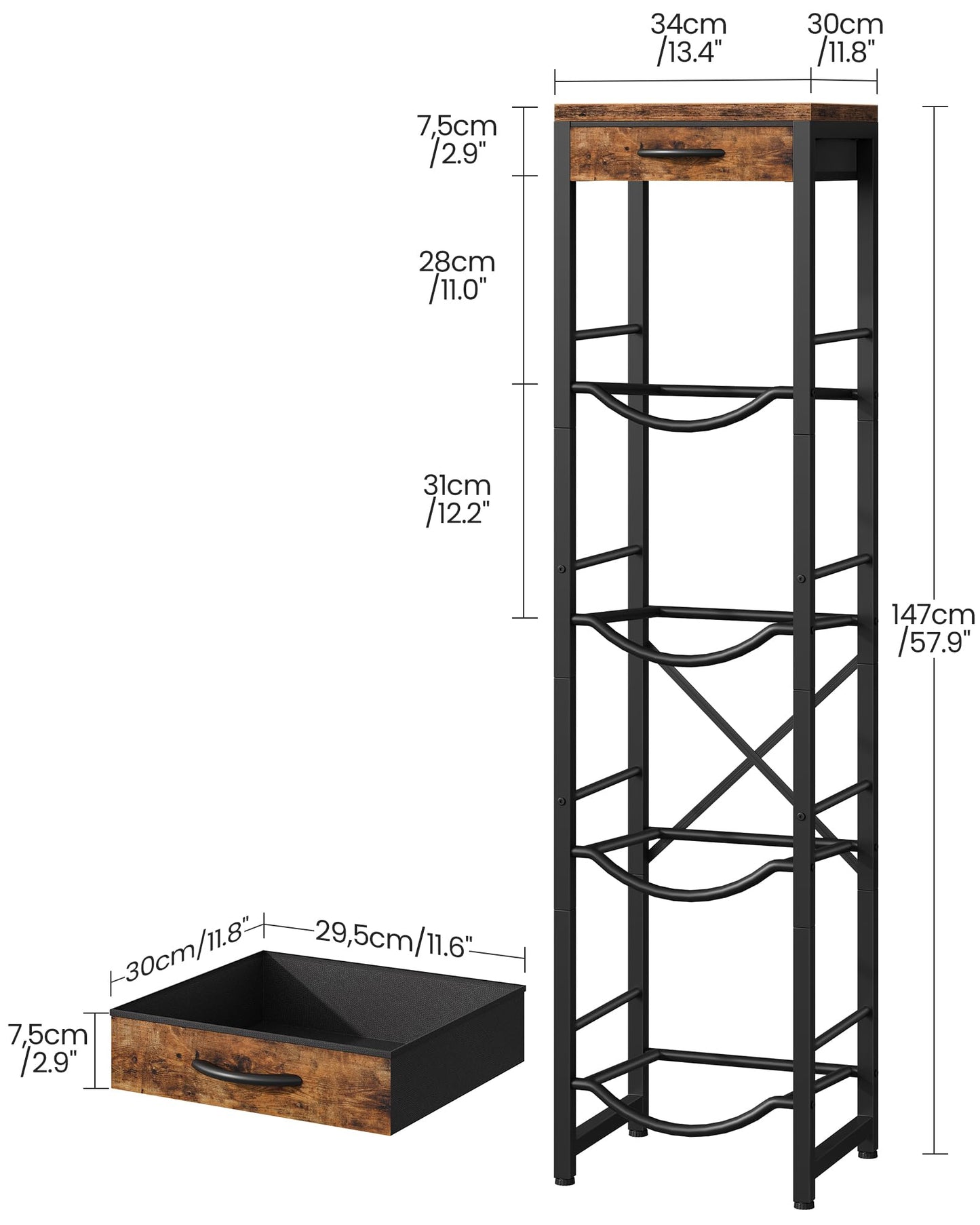 CHOEZON 5-Gallon Water Jug Holder, Water Bottle Holder, 4-Tier Kettle Storage Shelf with Drawer, Heavy Duty Jug Organizer, for Kitchen, Black and Rustic Brown TCJ34BF