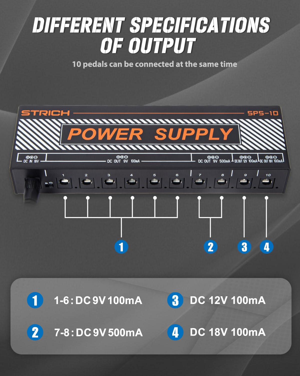 STRICH Guitar Pedal Power Supply, 10 Isolated DC Output for 9V/12V/18V Effect Pedal, 100mA 500mA Pedalboard Power Supply with Short Circuit Protection, Noise Reduction Circuit Design, SPS-10
