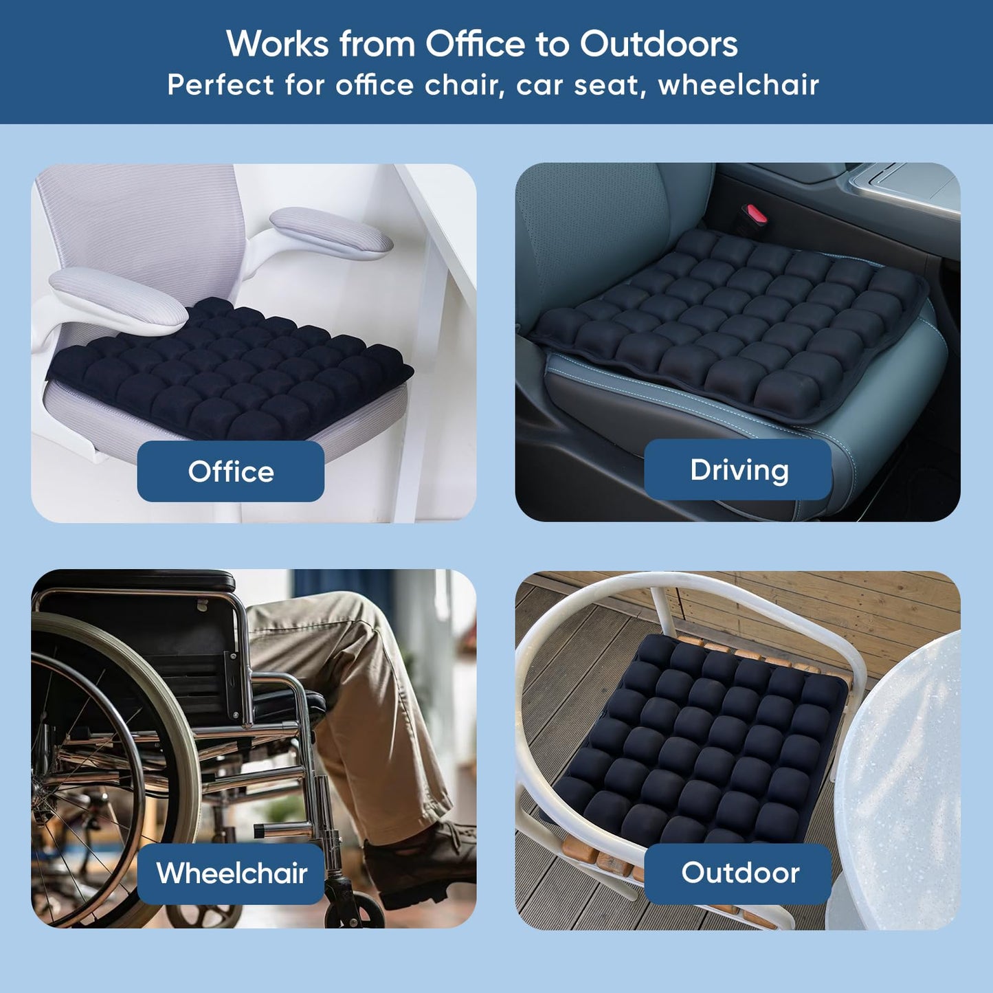 Hexara Ergonomic 3D Air Cushion for Long Sitting, Inflatable Airplane Seat Cushion for Long Flights, Travel Cushions for Office, Car, Wheelchair, Comfort for Coccyx, Low Back Pain Relief(Black)
