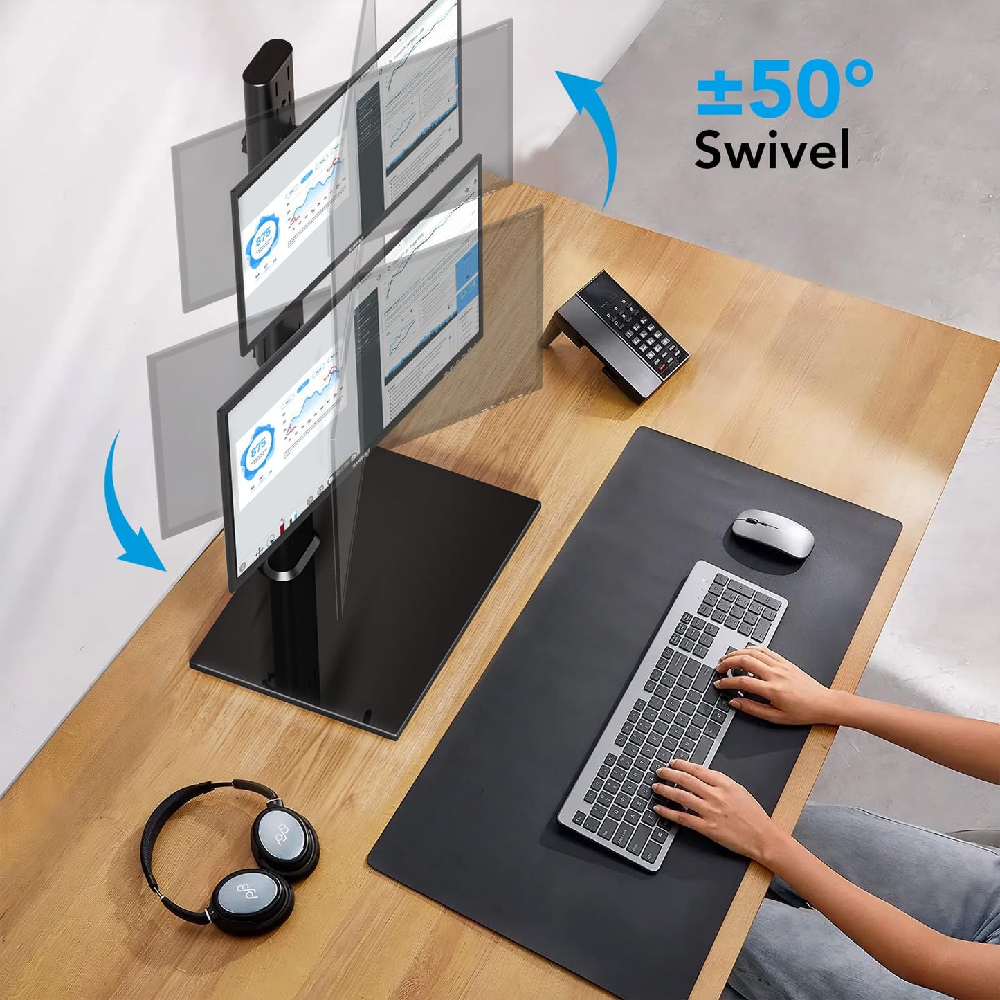 AX WABER Dual Monitor Stand Vertical Stack Screen Free-Standing Desk Mount Arm Riser Fits Two 13 to 34 Inch Computer Monitors with Swivel,Tilt, Height Adjustable,VESA Stand 100x100mm, 75x75mm AX05TB02