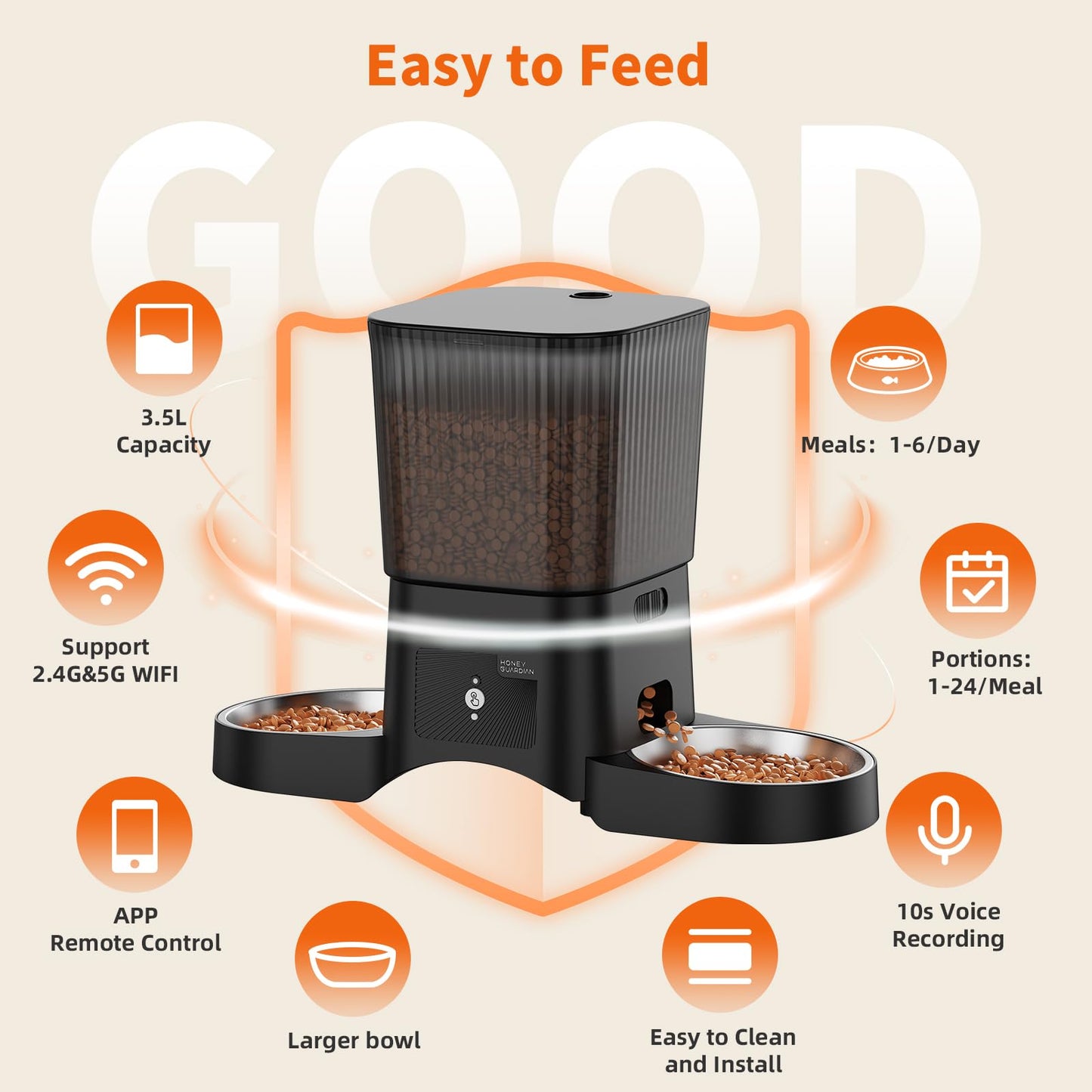 HoneyGuaridan Automatic Cat Feeder with 2.4G/5G WiFi,3.5L Cat Food Dispenser with APP Control – Includes 2 Stainless Steel Bowls & 2 Slow Feeder Anti-Choking Bowls, Four Anti-Slip Feet