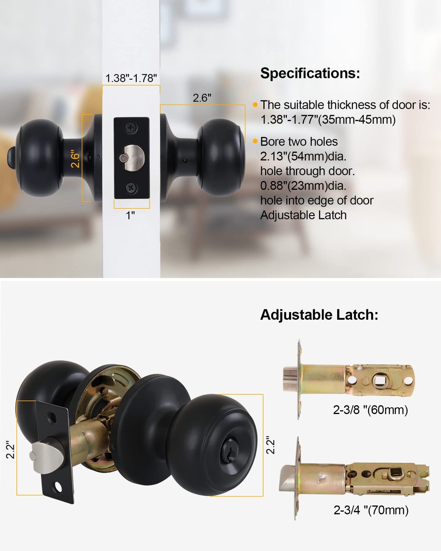 (2 Pack) Entry Door Knobs with Lock and Keyed Alike, Interior/Exterior Flat Ball Door Locks for Bedroom/Bathroom/Front/Offic Doors, Matte Black Finish