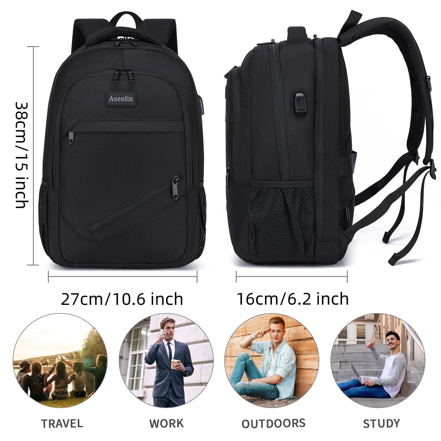 Asenlin Travel Laptop Backpack for Women & Men,Water Resistant Business Slim Sturdy Laptops Backpack with USB Charging Port,Fits 17.3 Inch Notebook College School Computer Bag-Black