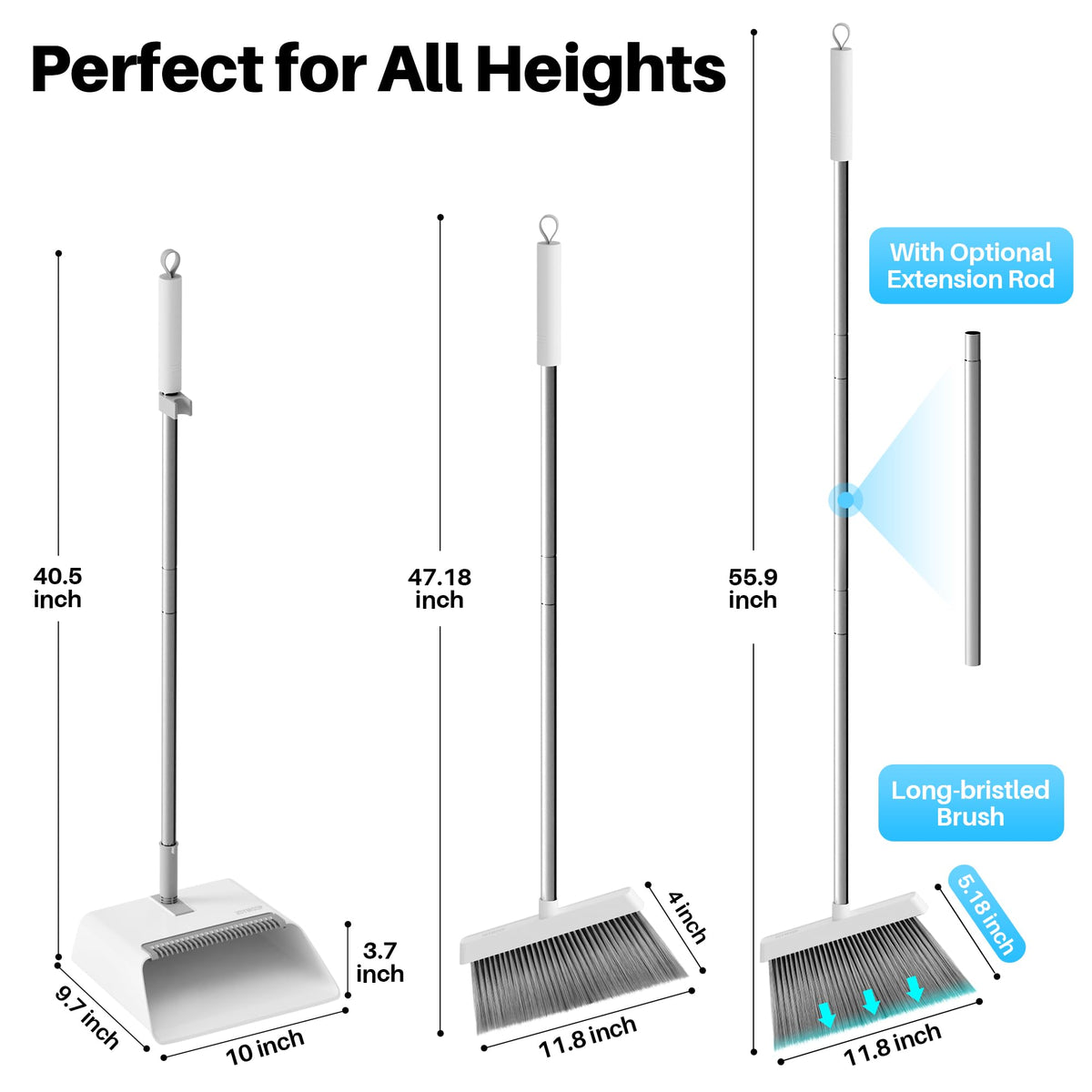 JOYMOOP White Broom and Dustpan Set, Upright Angle Design with Built-in Comb Teeth for Kitchen, Office, Pet Hair, Hard Floors