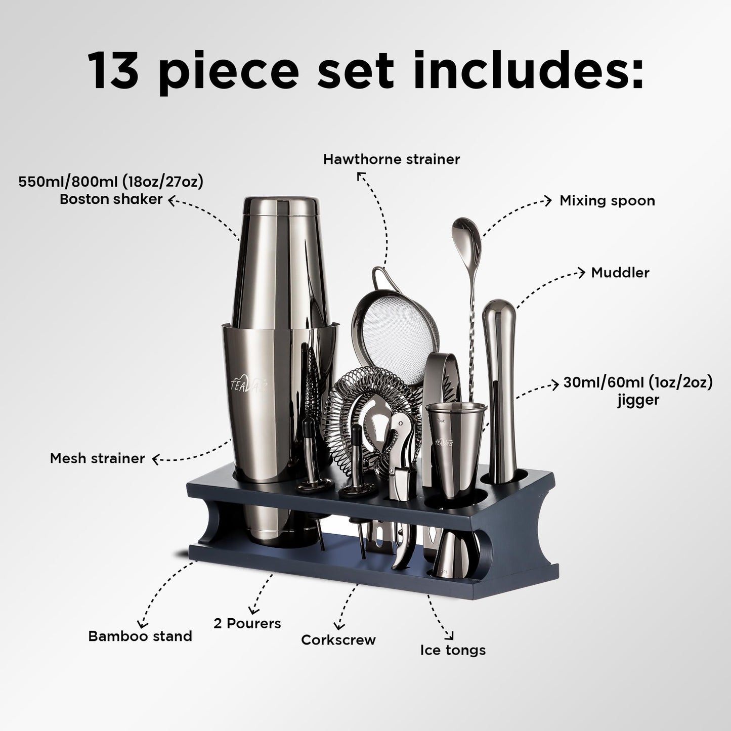 TEAVAS Mixology Bartender Kit with Japanese Jigger & Stand - 13 Piece Stainless Steel Cocktail Making Set -Boston Shaker, Strainer, Mixer, Spoon, Muddler - Anniversary & Birthday Gifts Friends Family