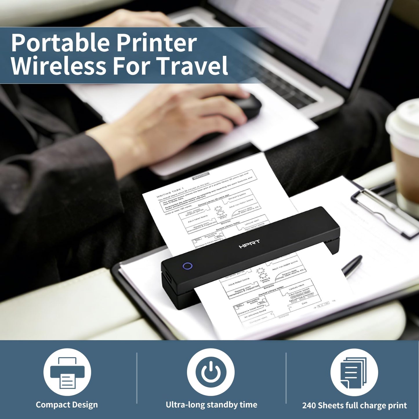 HPRT Inkless Portable Printer Wireless for Travel,Thermal Printer Supports 8.5" x 11" US Letter&A4&A5,Compatible with iOS,Android, Laptop, MT620,203 DPI,Black