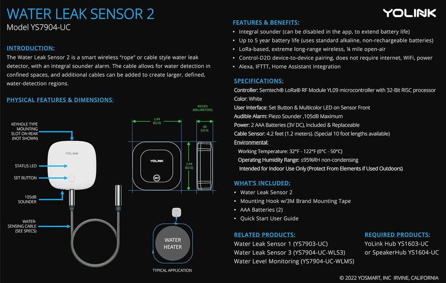 YoLink Water Leak Sensor,1/4 Mile World's Longest Range Smart Home Water Leak Sensor,Water Leak Detector with Built-in Siren Up to 105dB,Works with Alexa and IFTTT-YoLink Hub Required,YS7904-UC